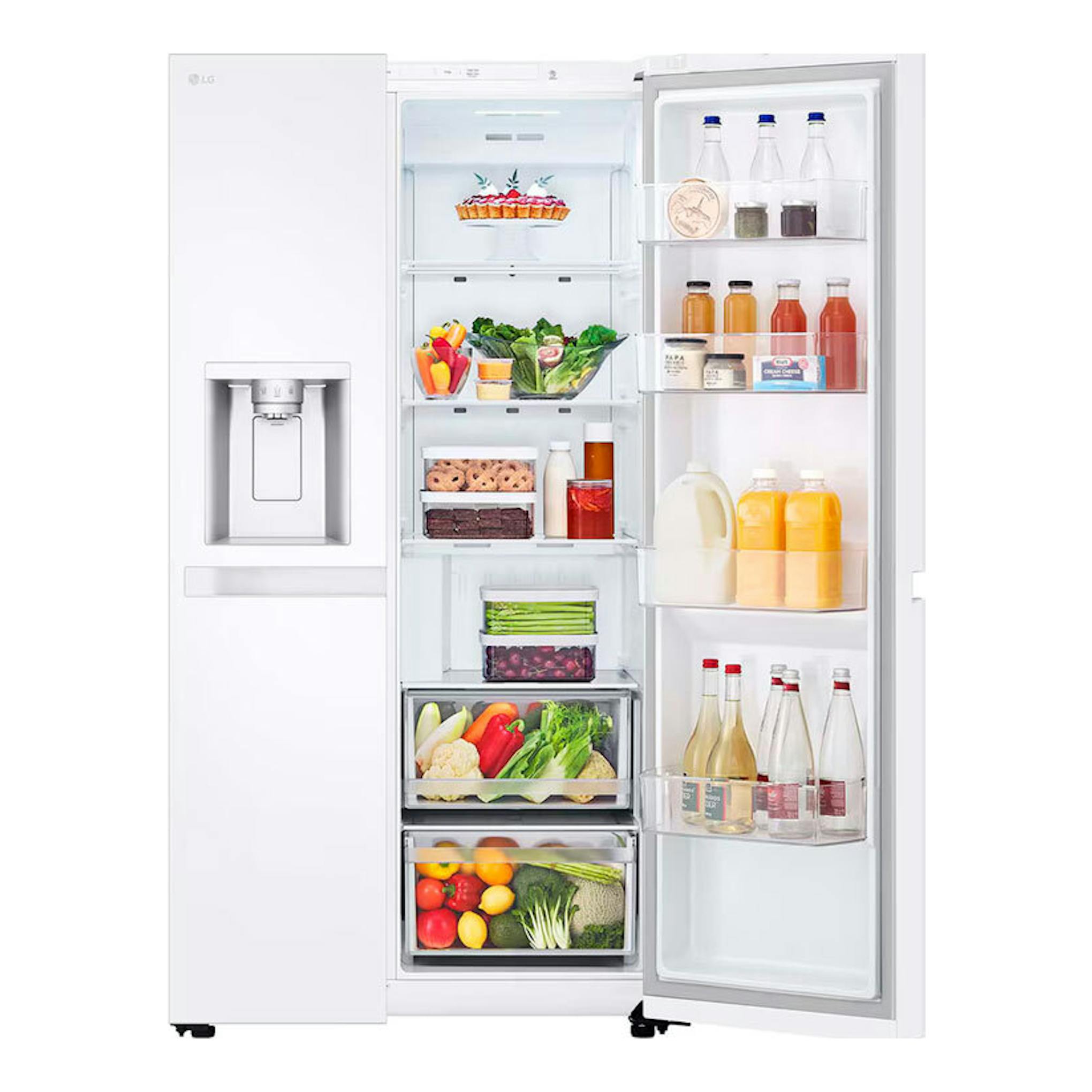Frigorífico americano LG GSLC40SWPE blanco, vista frontal con puertas abiertas y compartimentos llenos.