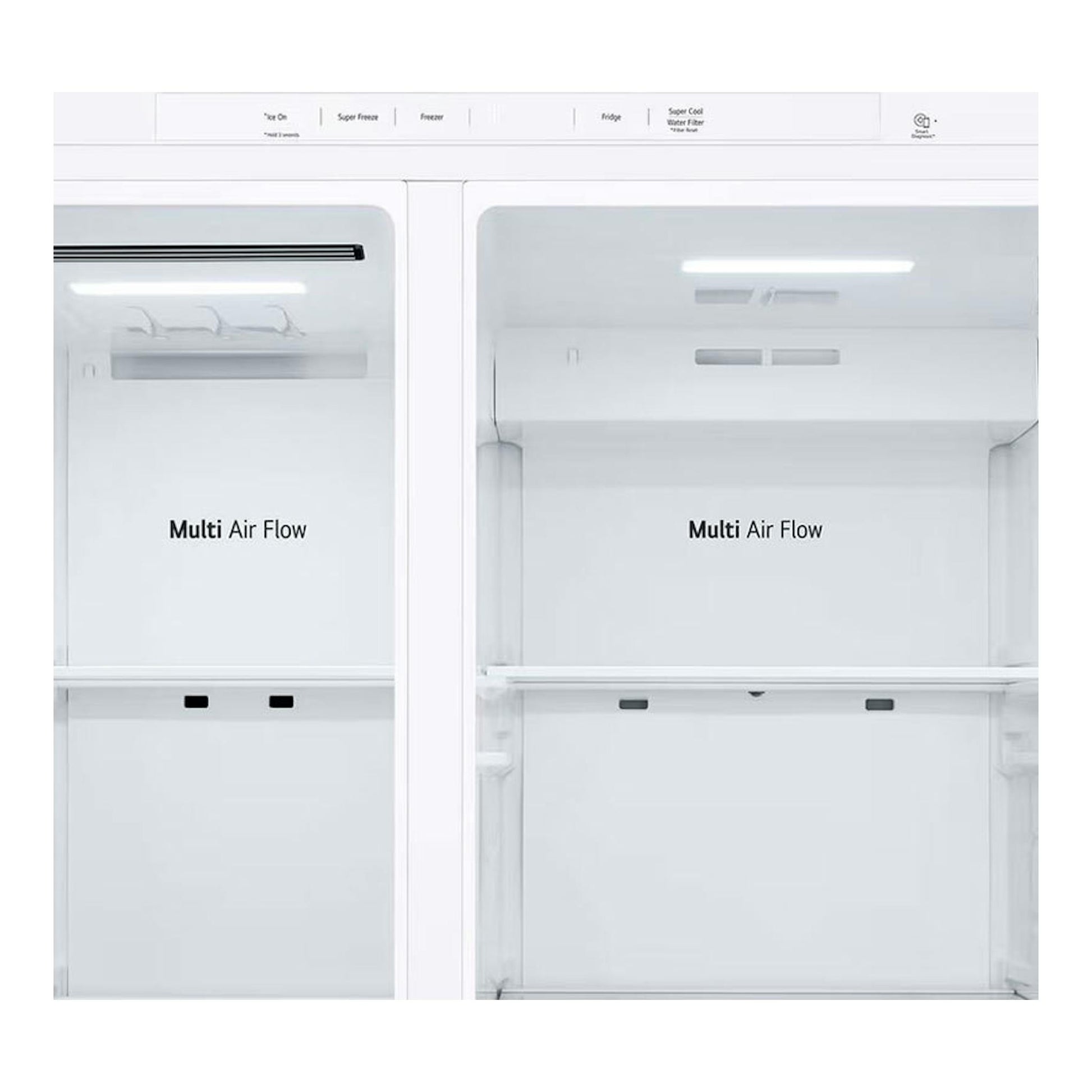 Frigorífico americano LG GSLC40SWPE blanco, vista frontal con puertas abiertas e interior vacío.
