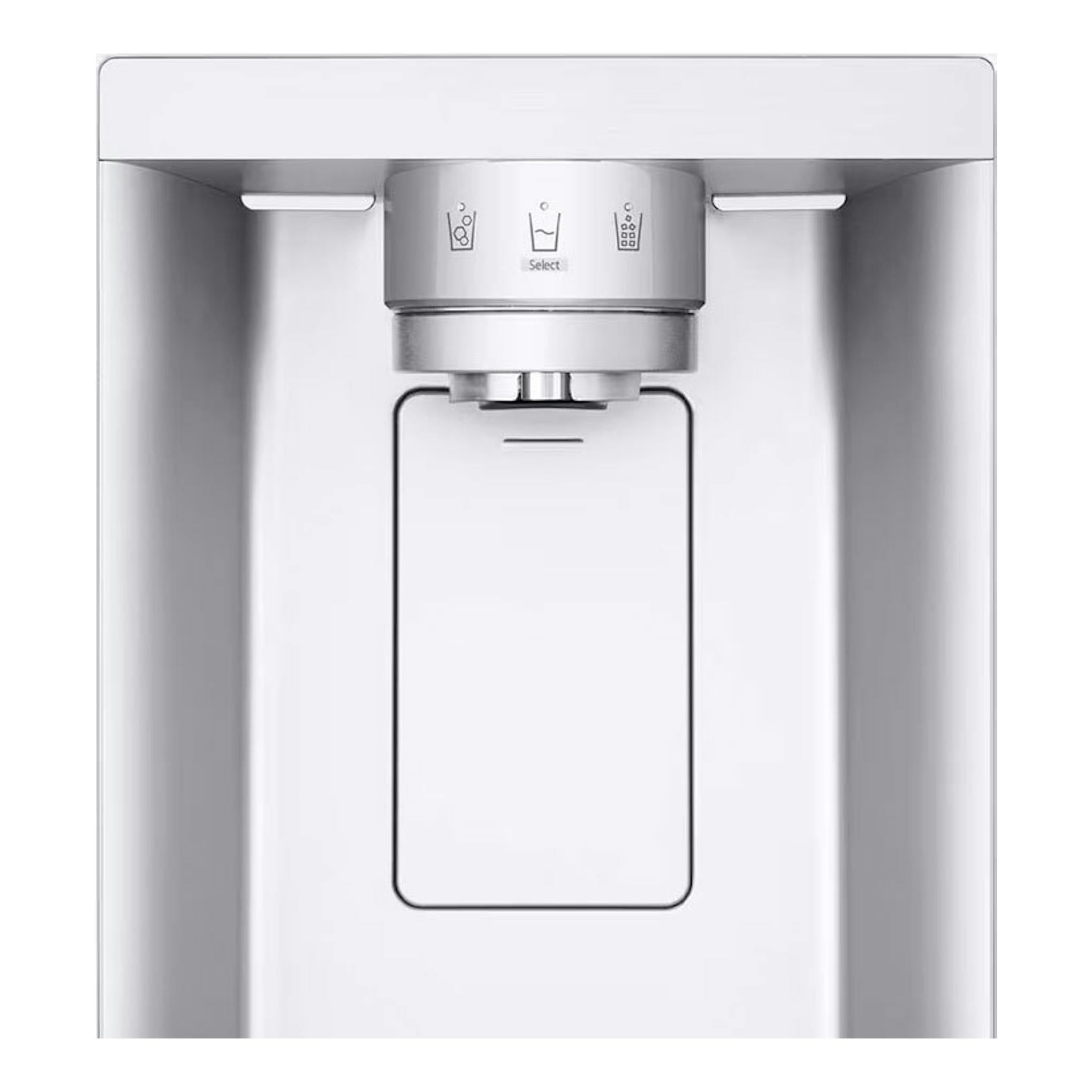 Frigorífico americano LG GSLC40SWPE blanco, vista frontal, con dispensador de agua y hielo en la puerta.
