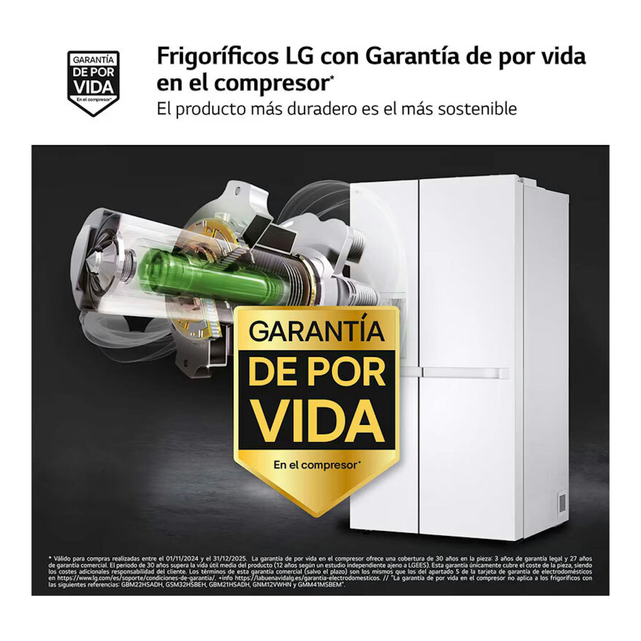 Frigorífico americano LG GSLC40SWPE blanco, vista frontal, con ilustración del compresor y sello de garantía de por vida.