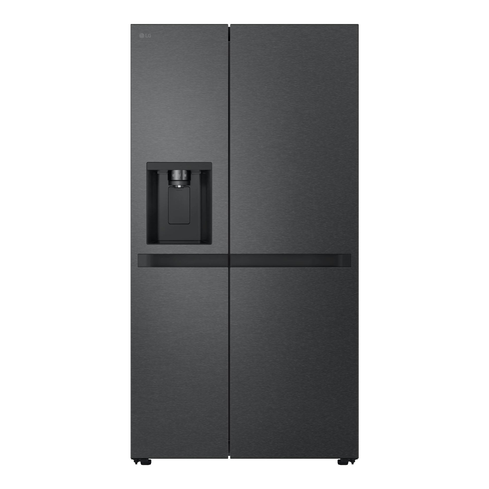 Frigorífico americano LG GSLC41EPPE negro, vista frontal, con dispensador de agua en la puerta.