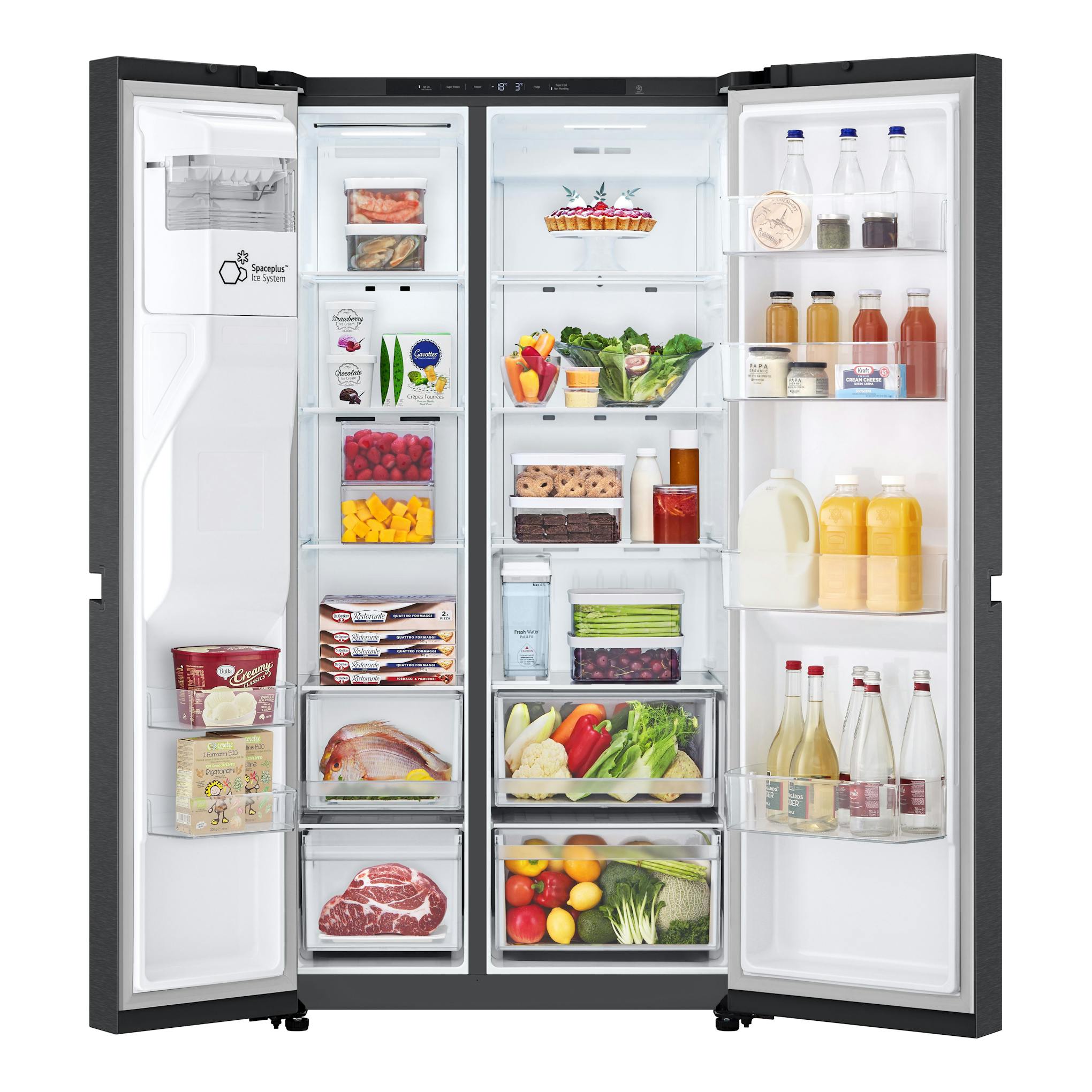 Frigorífico americano LG GSLC41EPPE negro, puertas abiertas, vista frontal del interior con alimentos.