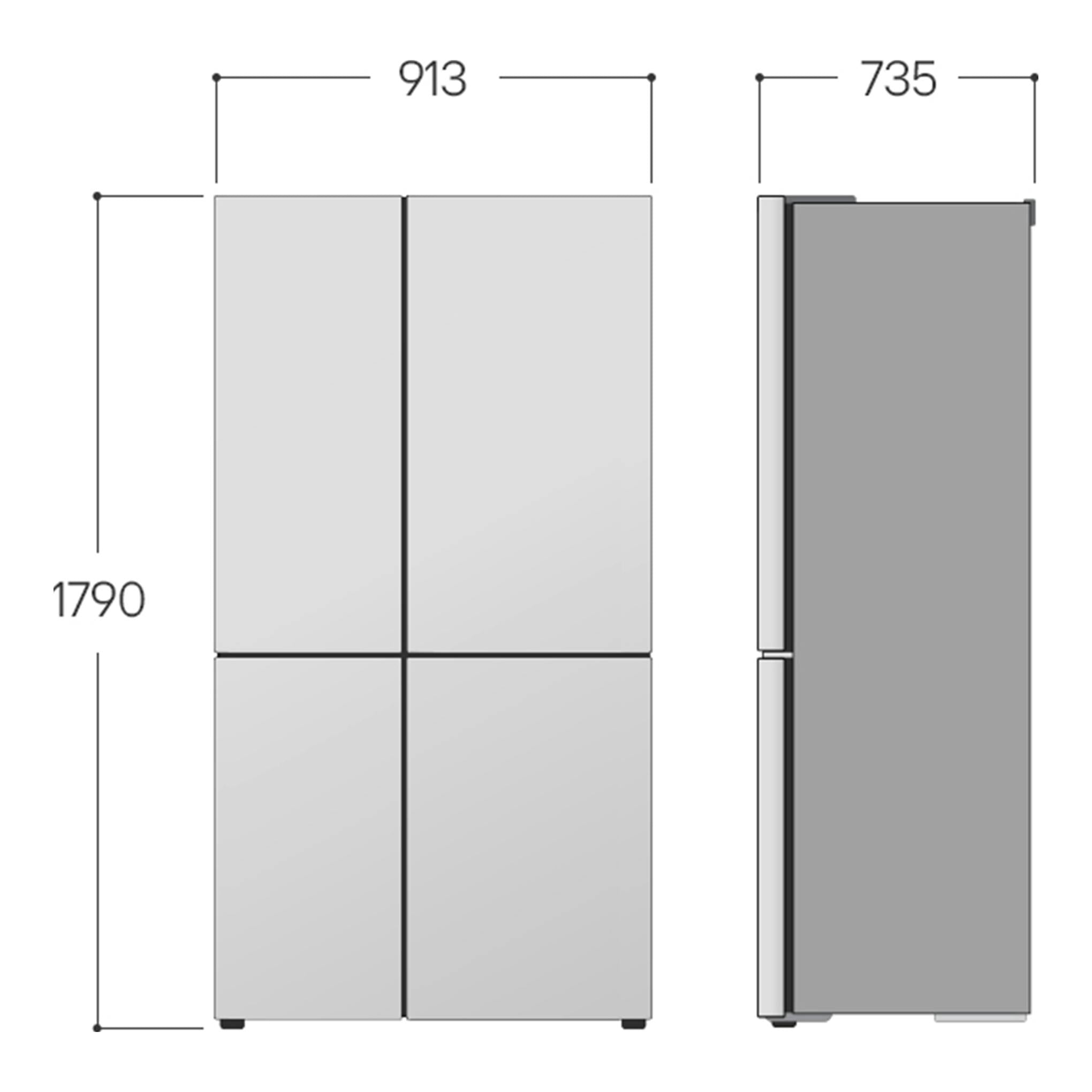 Diagrama frontal y lateral del frigorífico americano LG GSLC41EPPE en gris, con medidas 1790 x 913 x 735 mm.