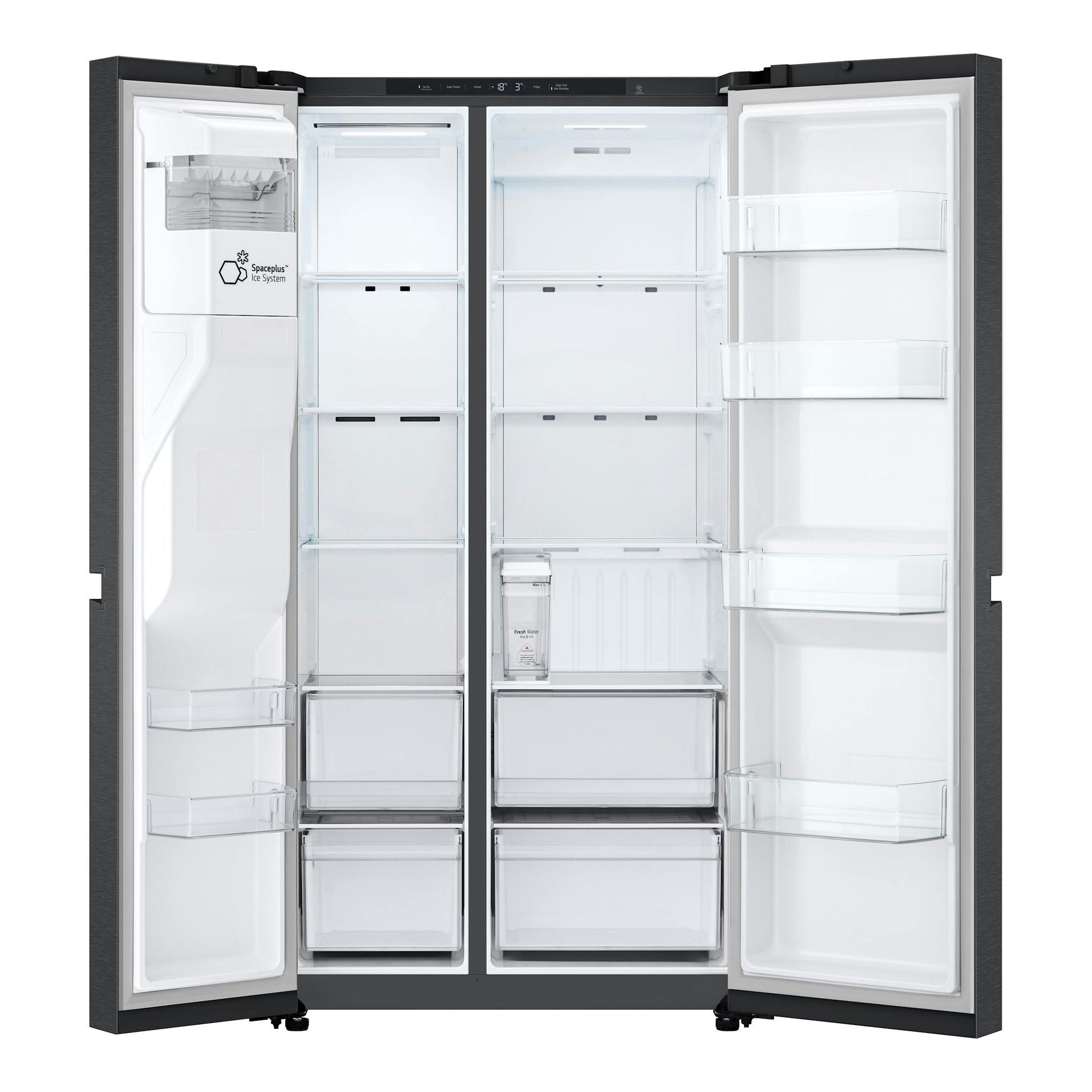 Frigorífico americano LG GSLC41EPPE negro, puertas abiertas, interior blanco y dispensador de hielo.