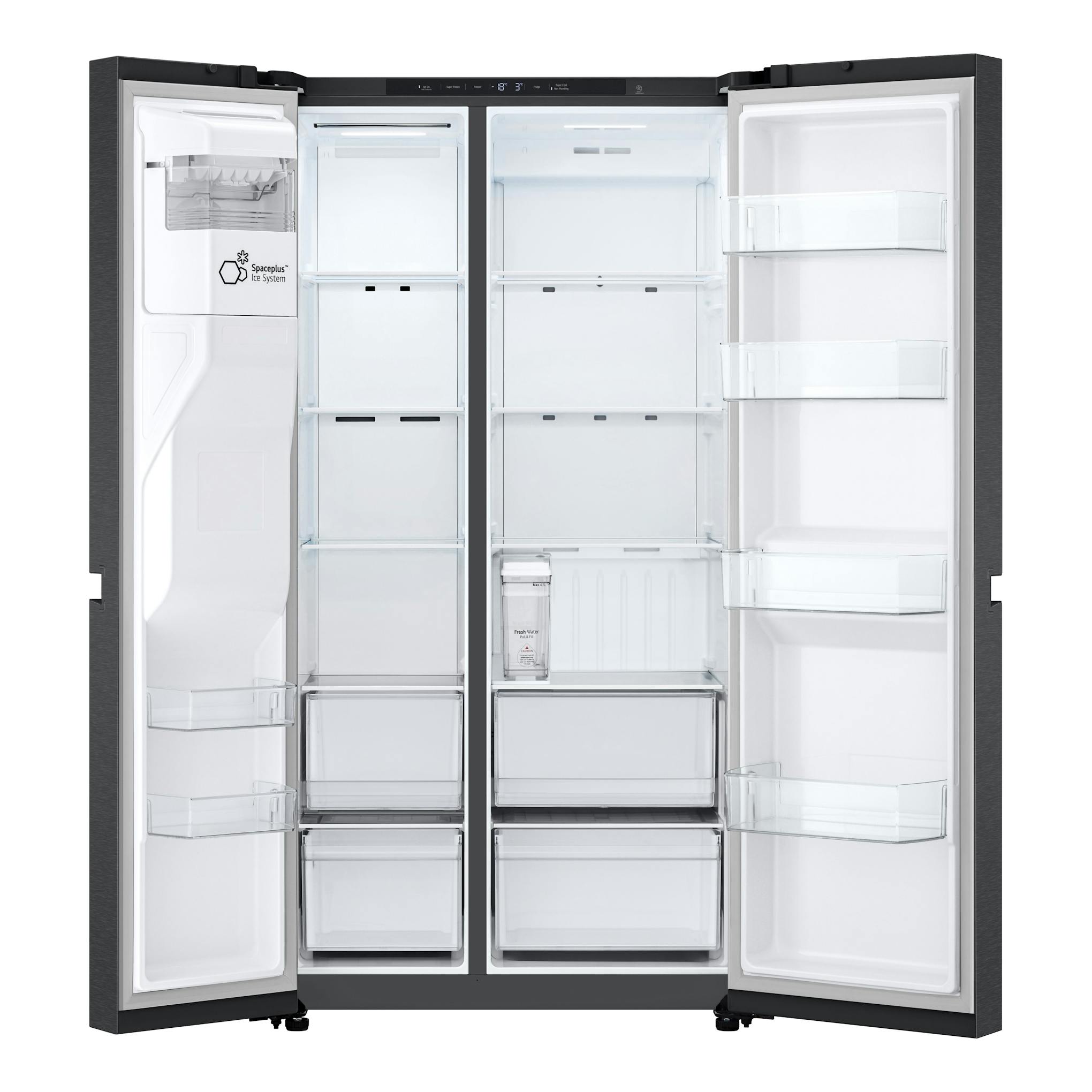 Frigorífico americano LG GSLC41EPPE negro, puertas abiertas, interior blanco y dispensador de hielo.