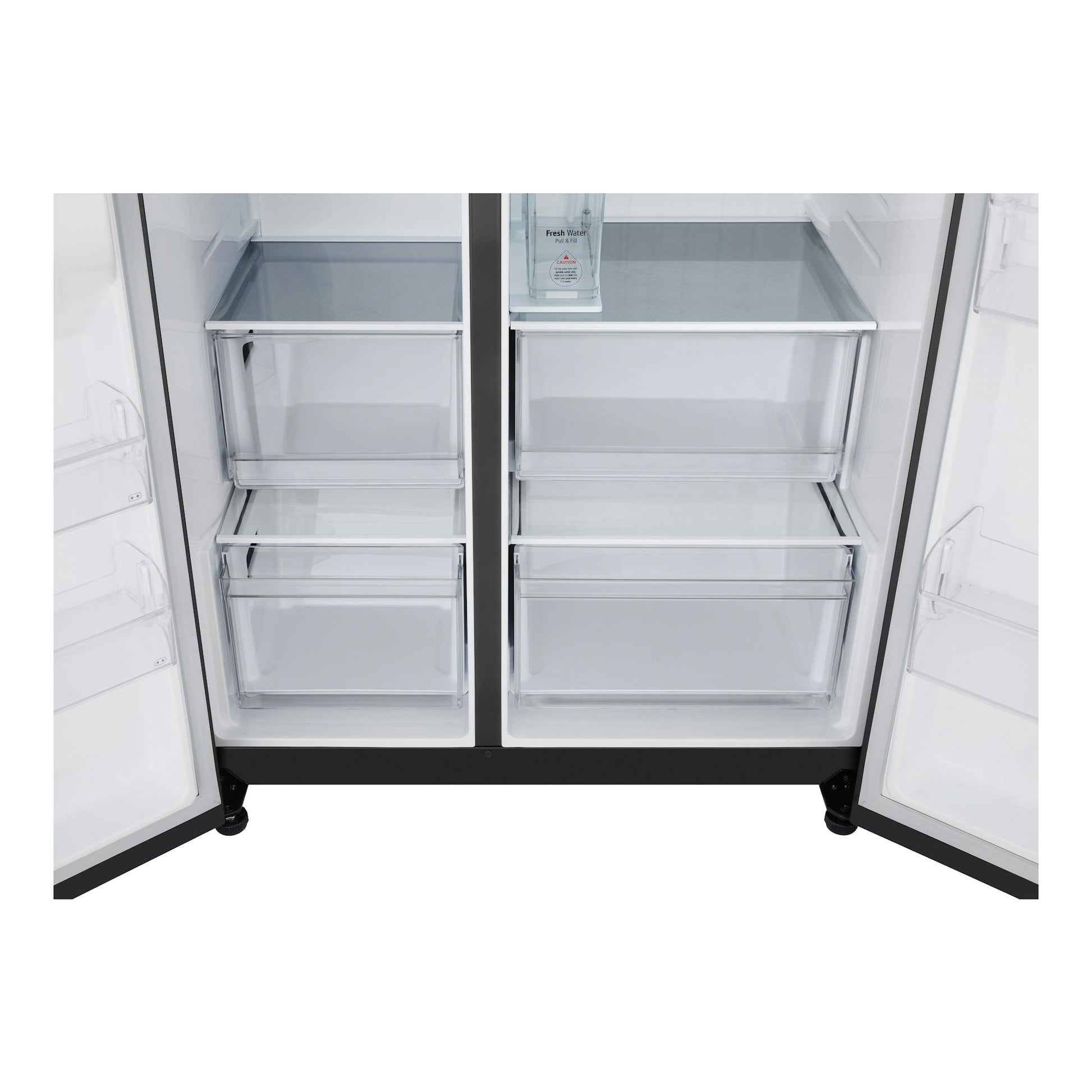 Frigorífico americano LG GSLC41EPPE abierto, interior blanco con cajones y estantes de cristal, vista frontal.