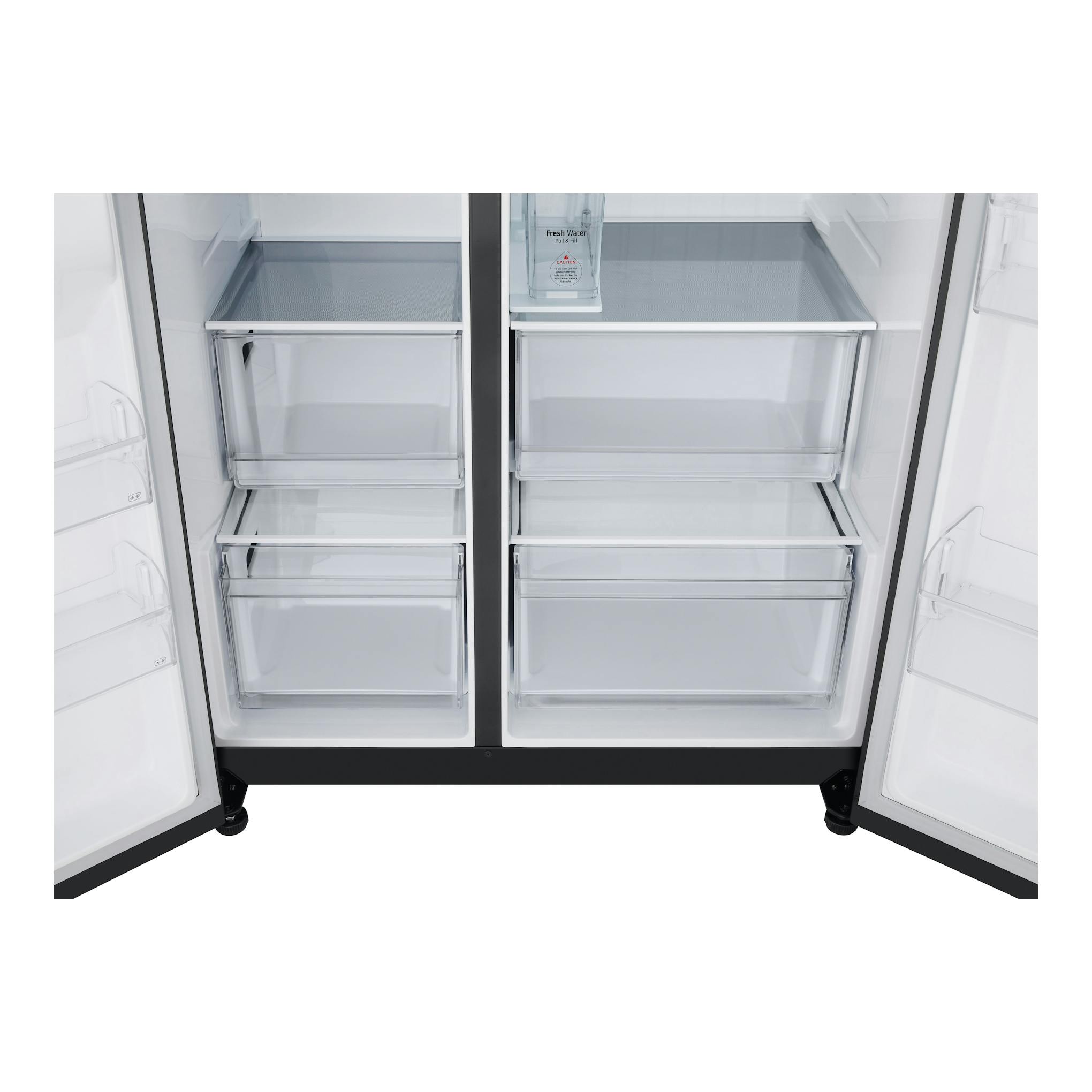 Frigorífico americano LG GSLC41EPPE abierto, interior blanco con cajones y estantes de cristal, vista frontal.