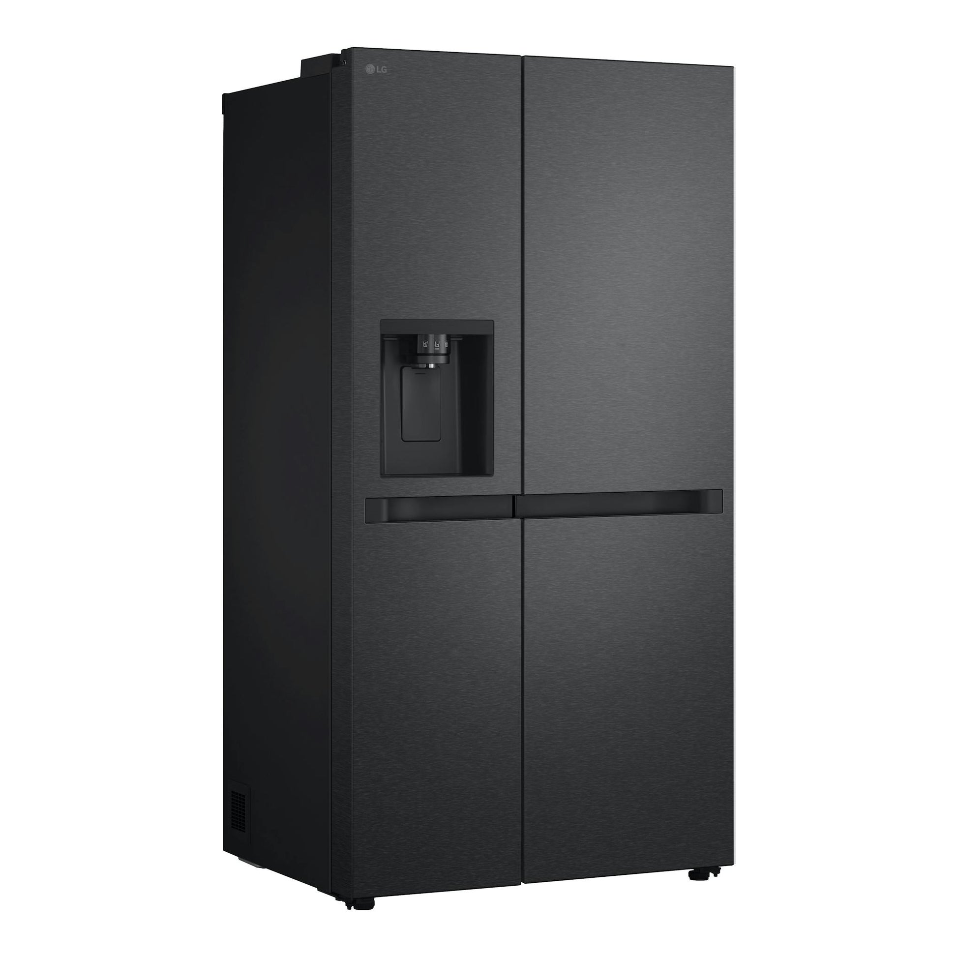 Frigorífico americano LG GSLC41EPPE negro, vista frontal, con dispensador de agua en la puerta.