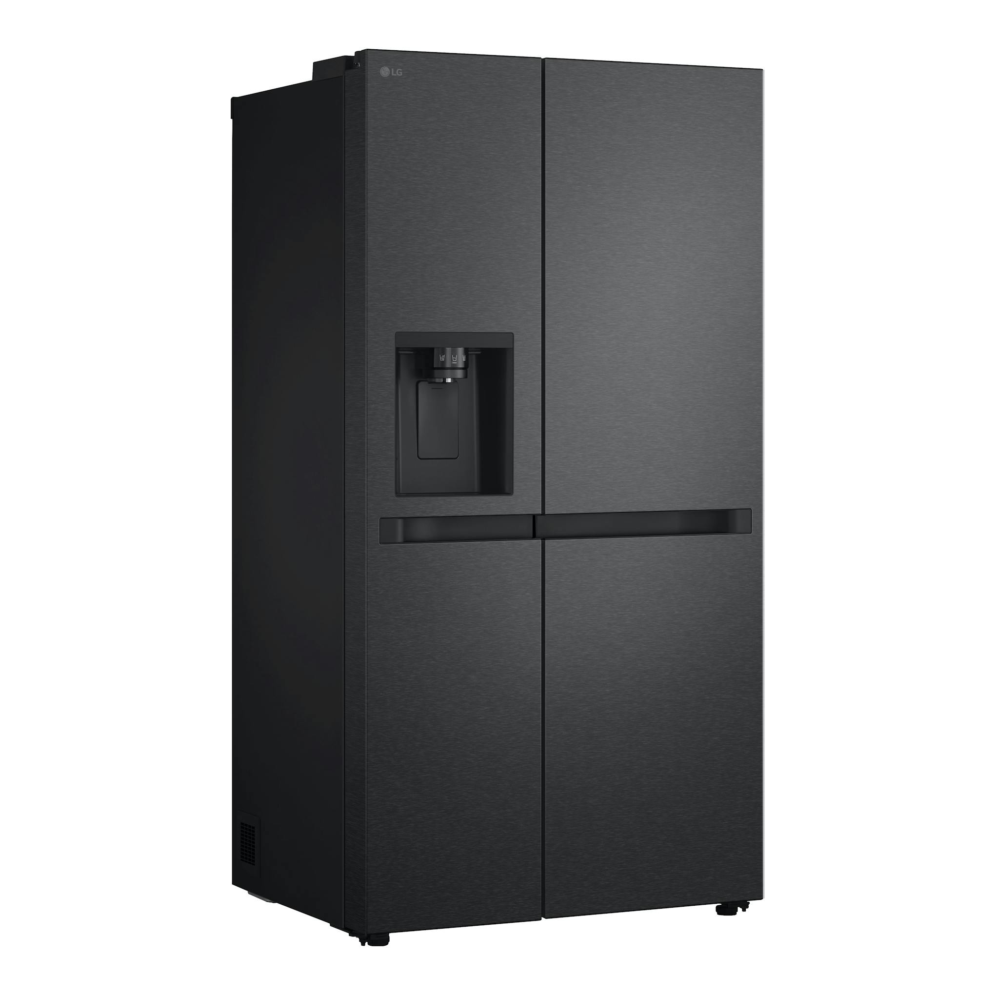 Frigorífico americano LG GSLC41EPPE negro, vista frontal, con dispensador de agua en la puerta.