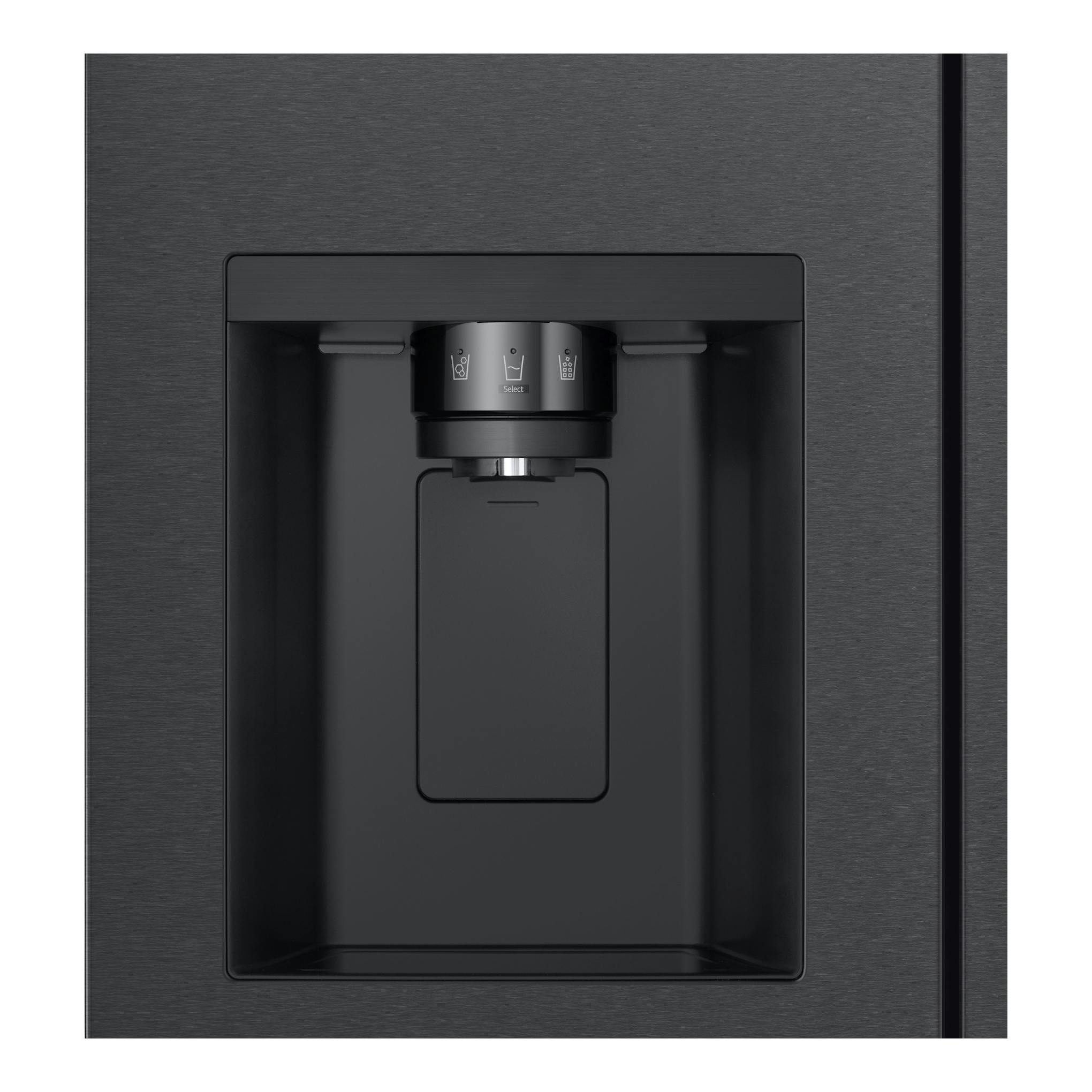 Frigorífico americano LG GSLC41EPPE negro, primer plano del dispensador de agua y hielo en la puerta.