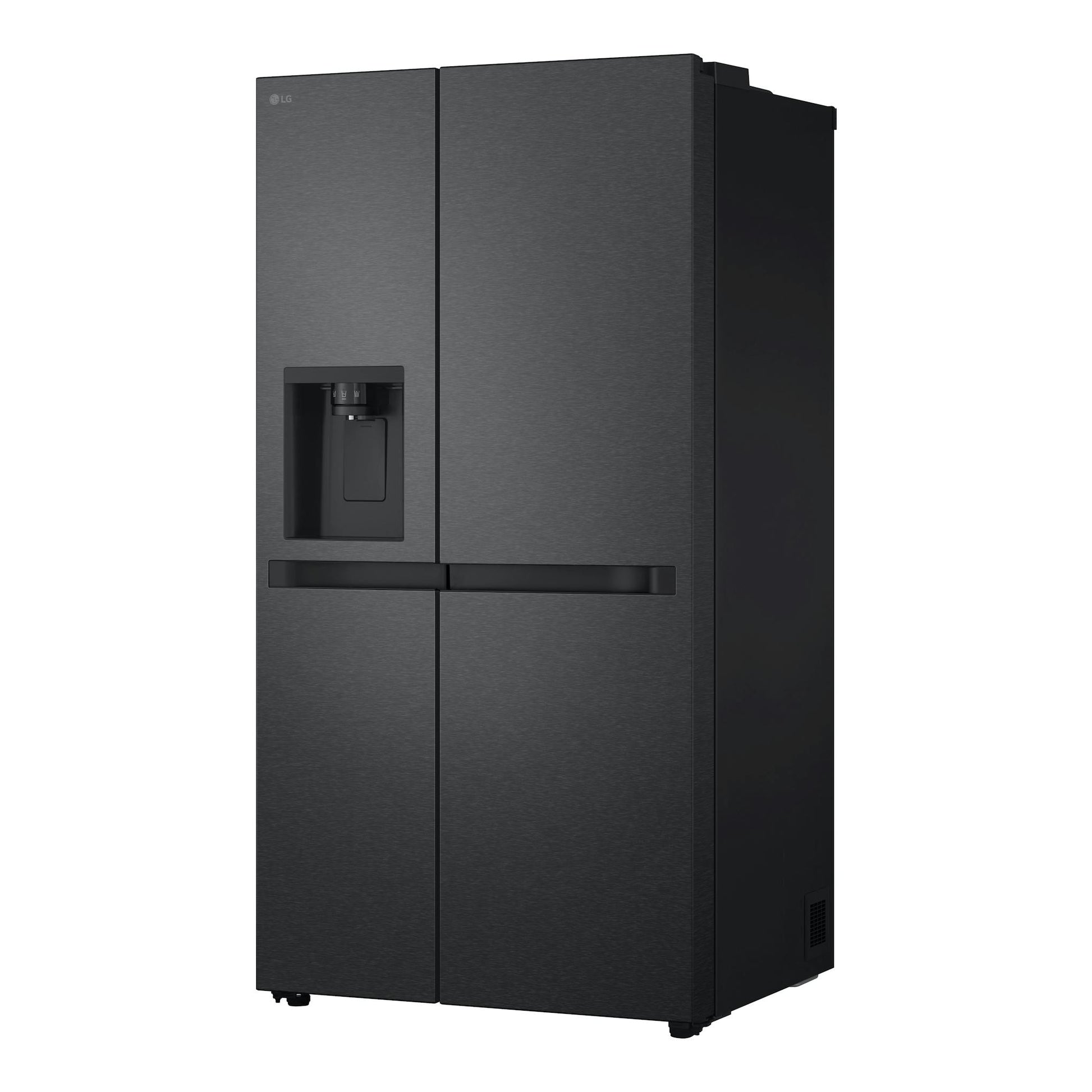 Frigorífico americano LG GSLC41EPPE negro, vista frontal en ángulo, con dispensador de agua/hielo.