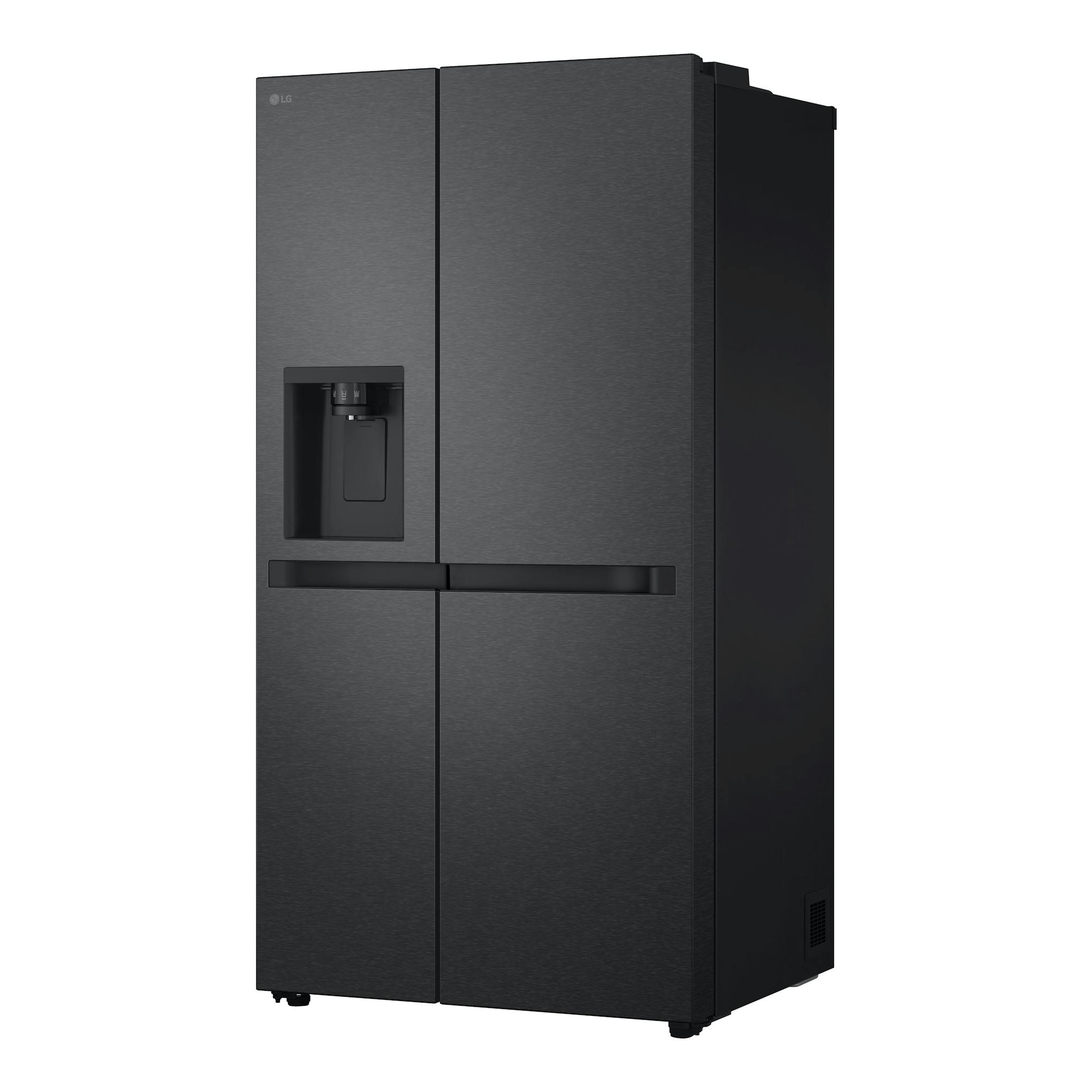 Frigorífico americano LG GSLC41EPPE negro, vista frontal en ángulo, con dispensador de agua/hielo.