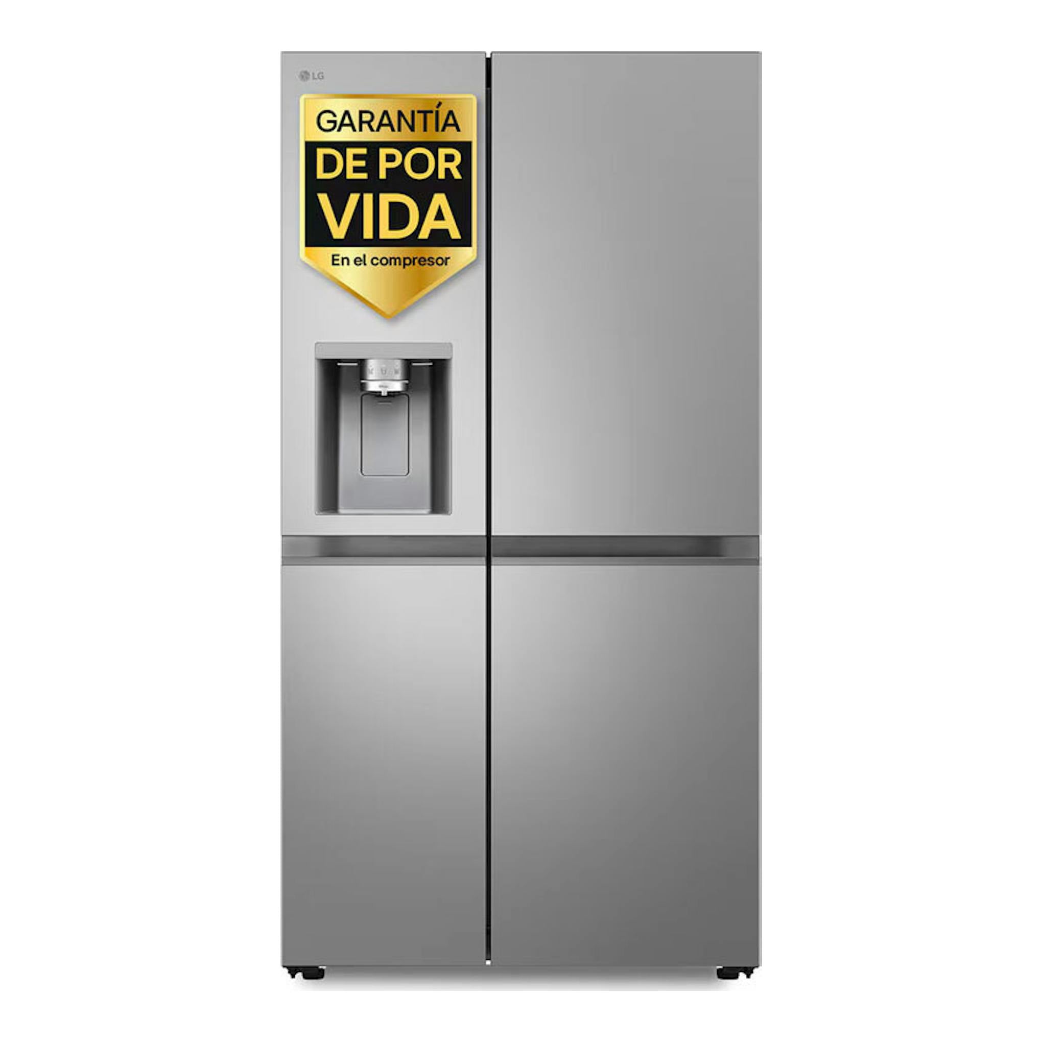 Frigorífico americano LG GSLE81PYBC inox, vista frontal, dos puertas y dispensador de agua.