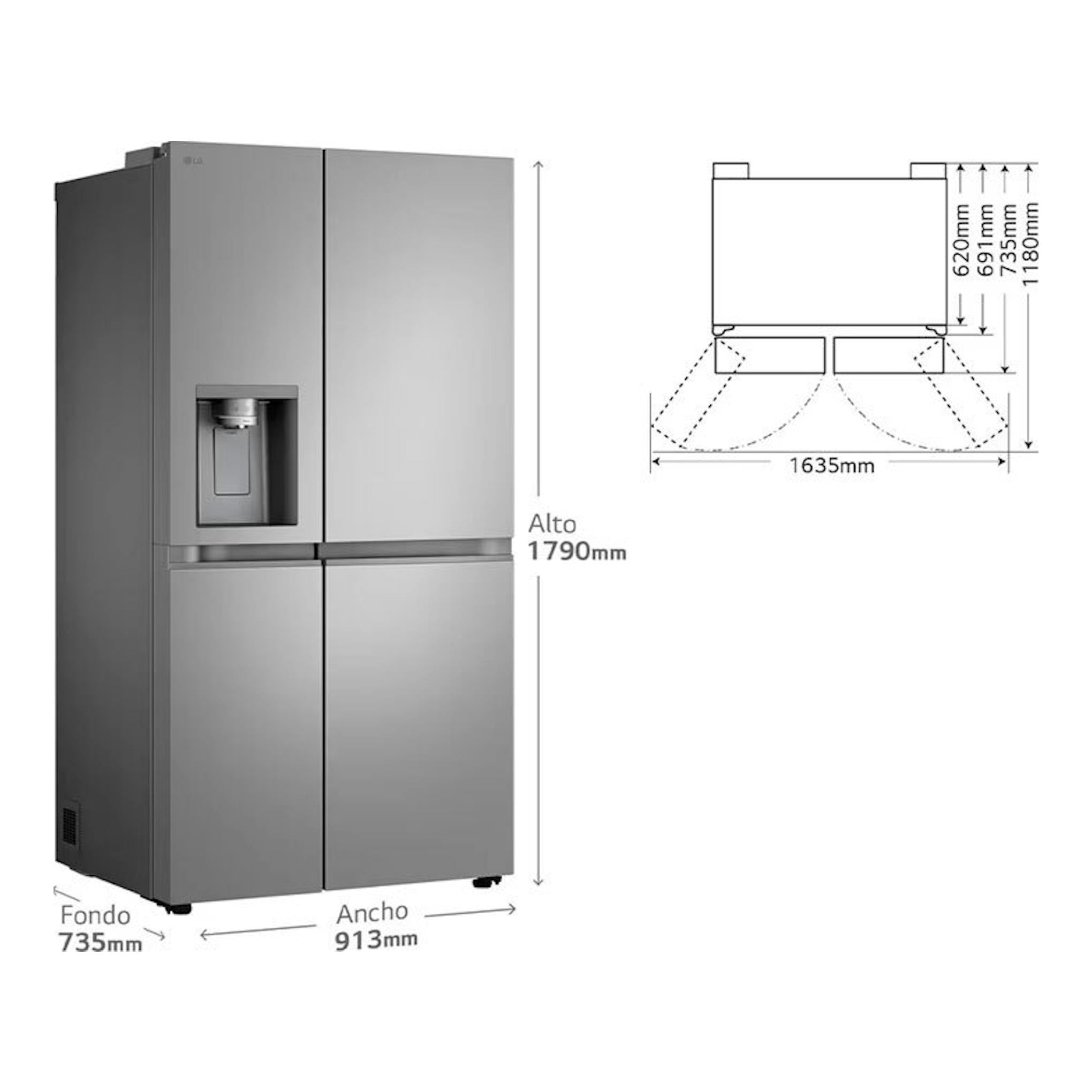 Frigorífico americano LG GSLE81PYBC inox, vista frontal en 3/4, cuatro puertas con dispensador de agua.