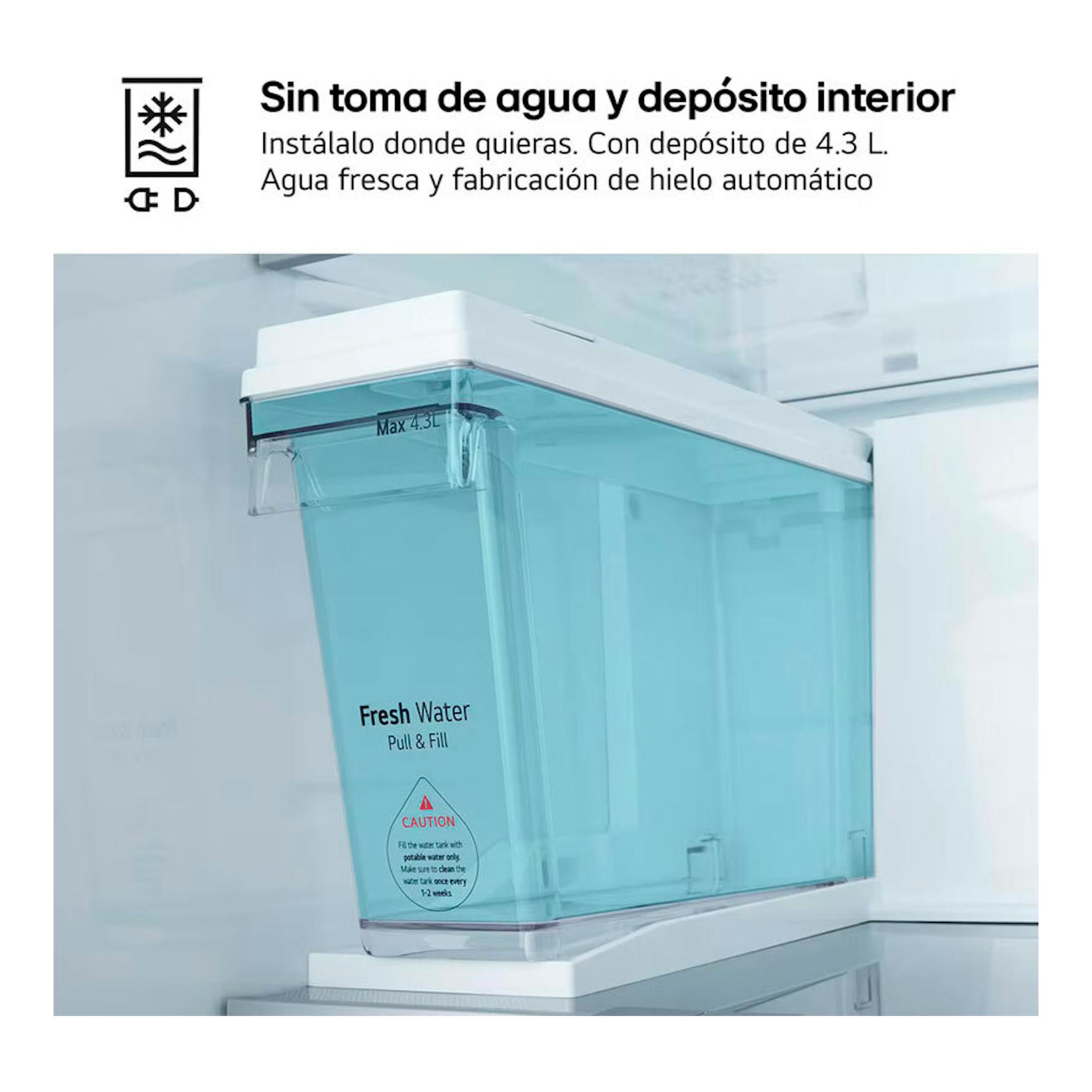 Depósito interior de agua azul translúcido de frigorífico LG GSLE81PYBC, vista frontal.