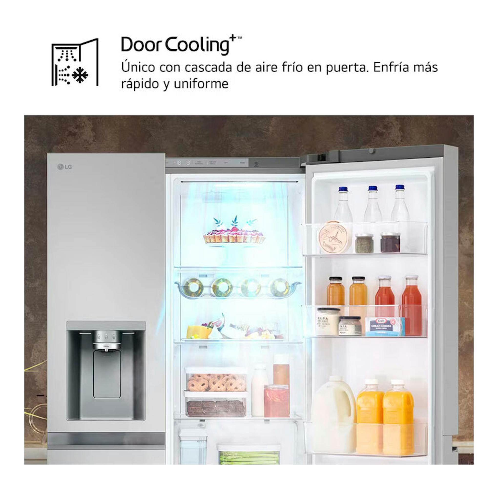 Frigorífico americano LG GSLE81PYBC inox, vista frontal con puertas abiertas y dispensador de agua.