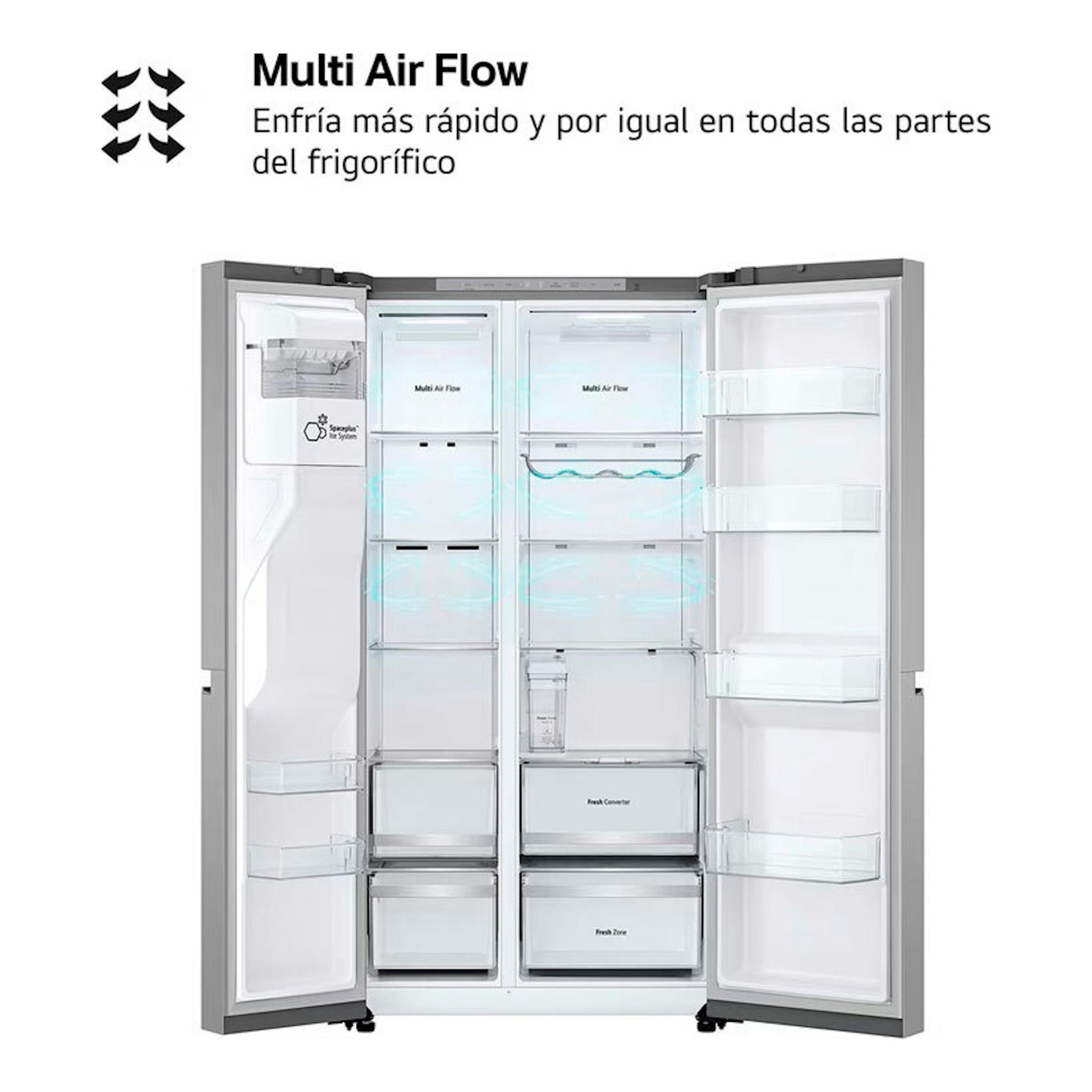Frigorífico americano LG GSLE81PYBC inox abierto, vista frontal del interior con estantes y cajones.