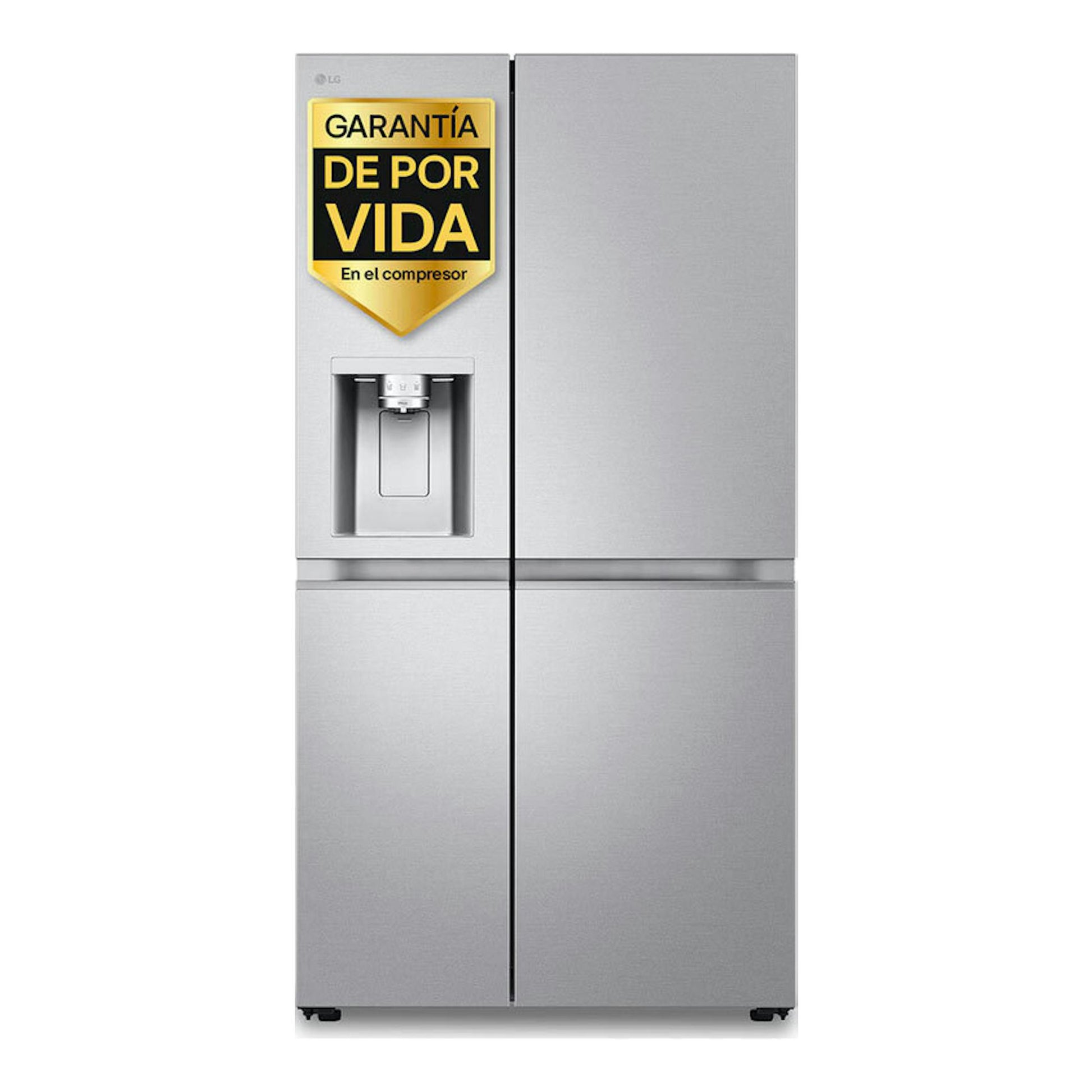 Frigorífico americano LG GSLE91MBAB inox, vista frontal, con dispensador de agua y puerta de acero.