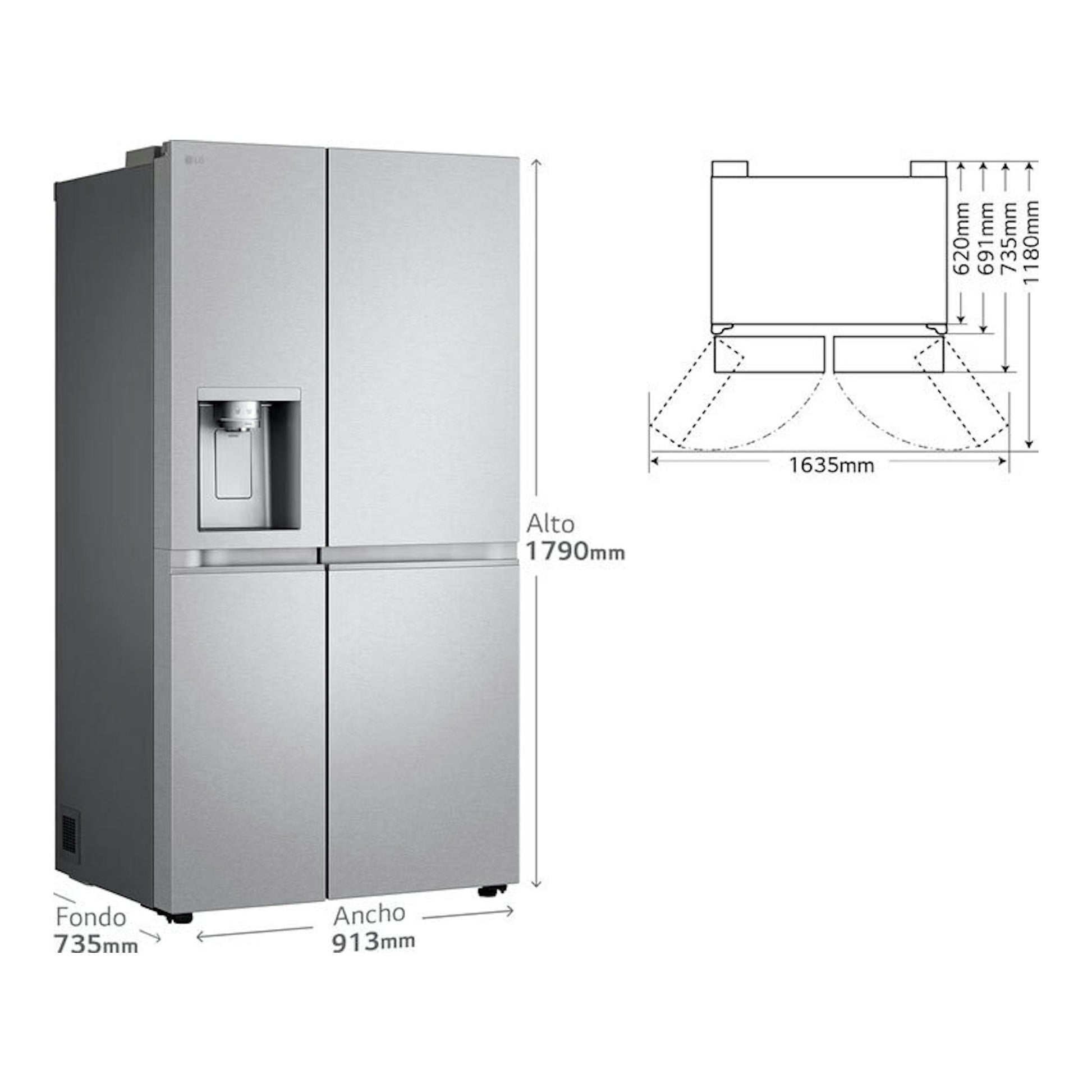 Frigorífico americano LG GSLE91MBAB inox, vista frontal con dispensador y esquema de medidas.
