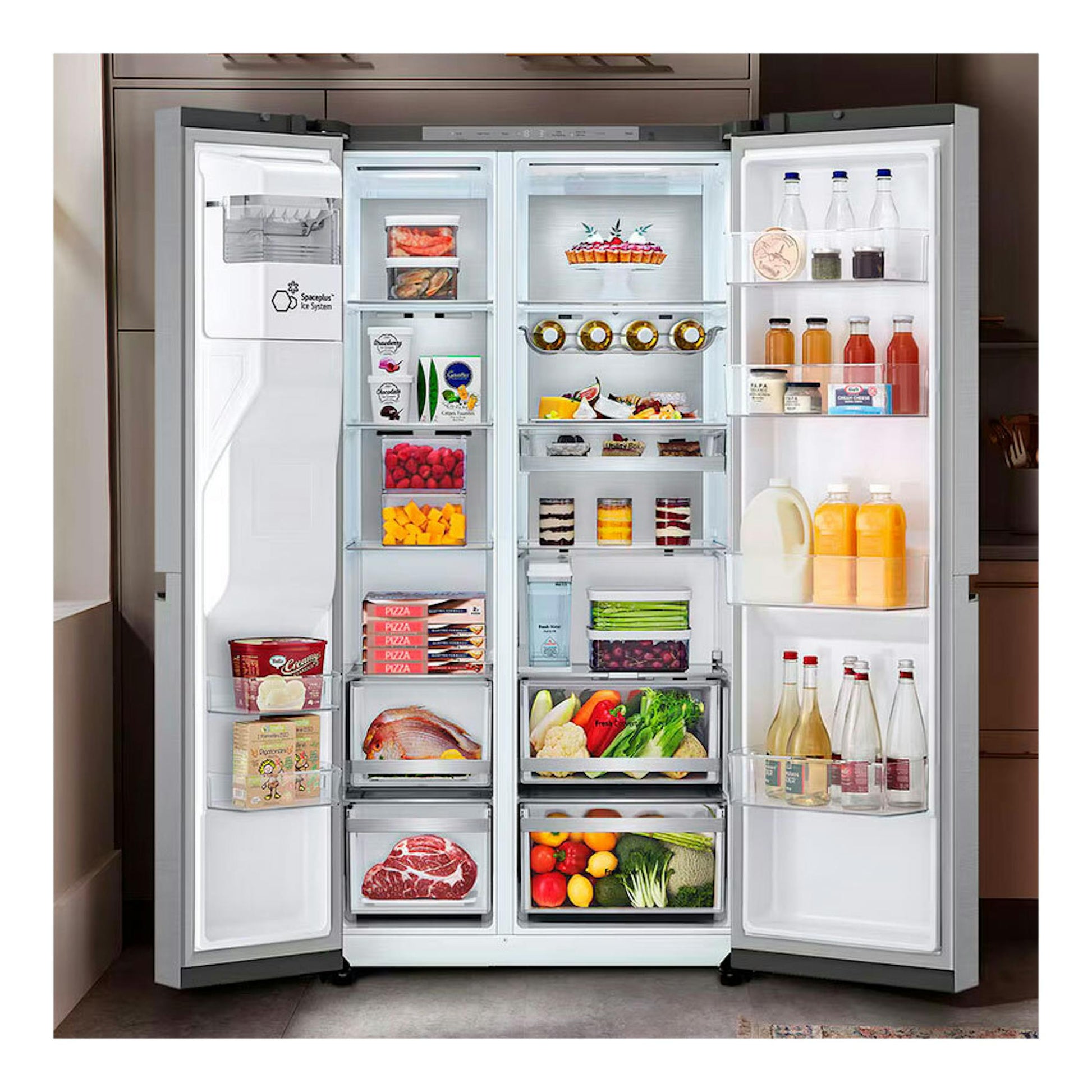 Frigorífico americano LG GSLE91MBAB inox, vista frontal con puertas abiertas y compartimentos interiores.