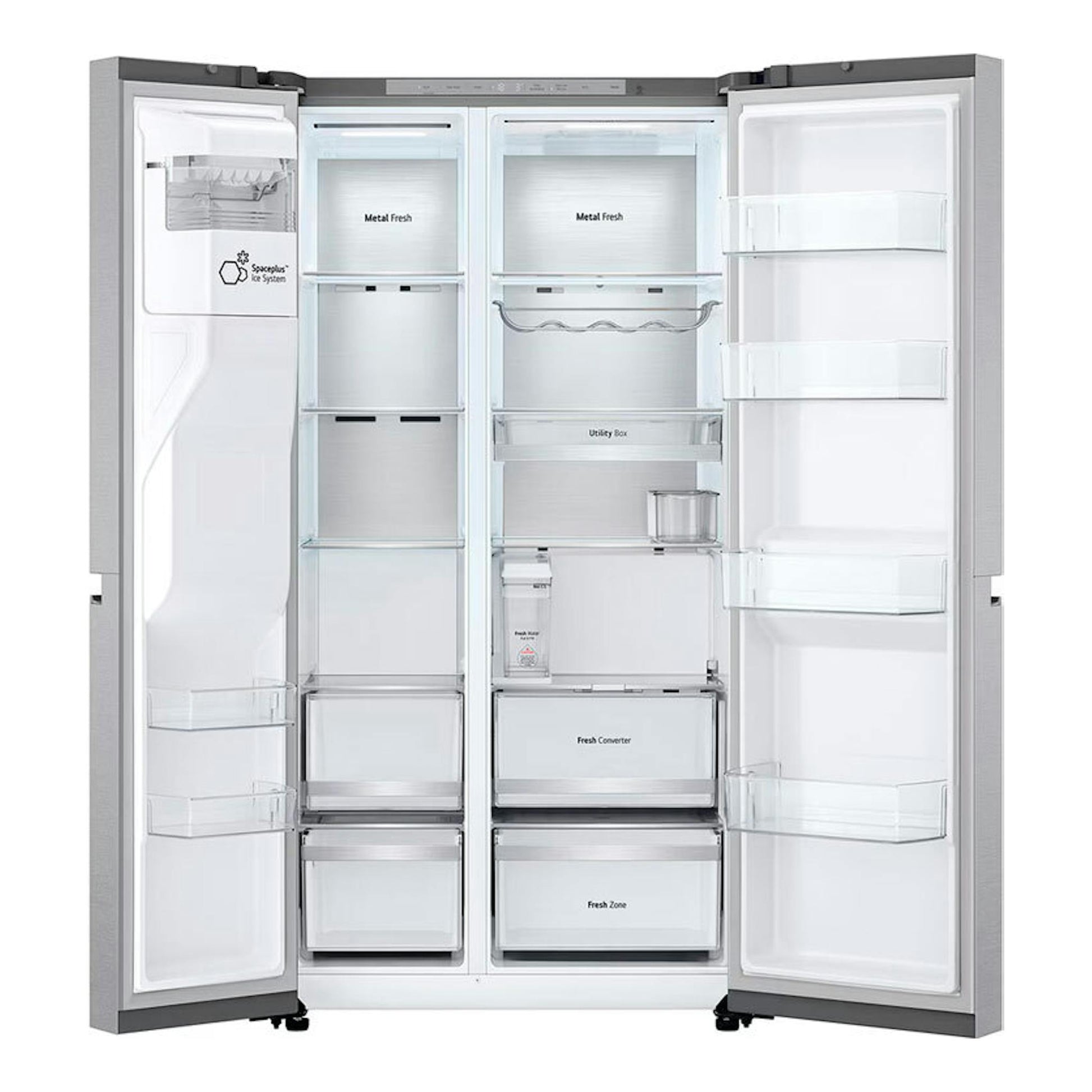 Frigorífico americano LG GSLE91MBAB inox, vista frontal con puertas abiertas y compartimentos interiores visibles.