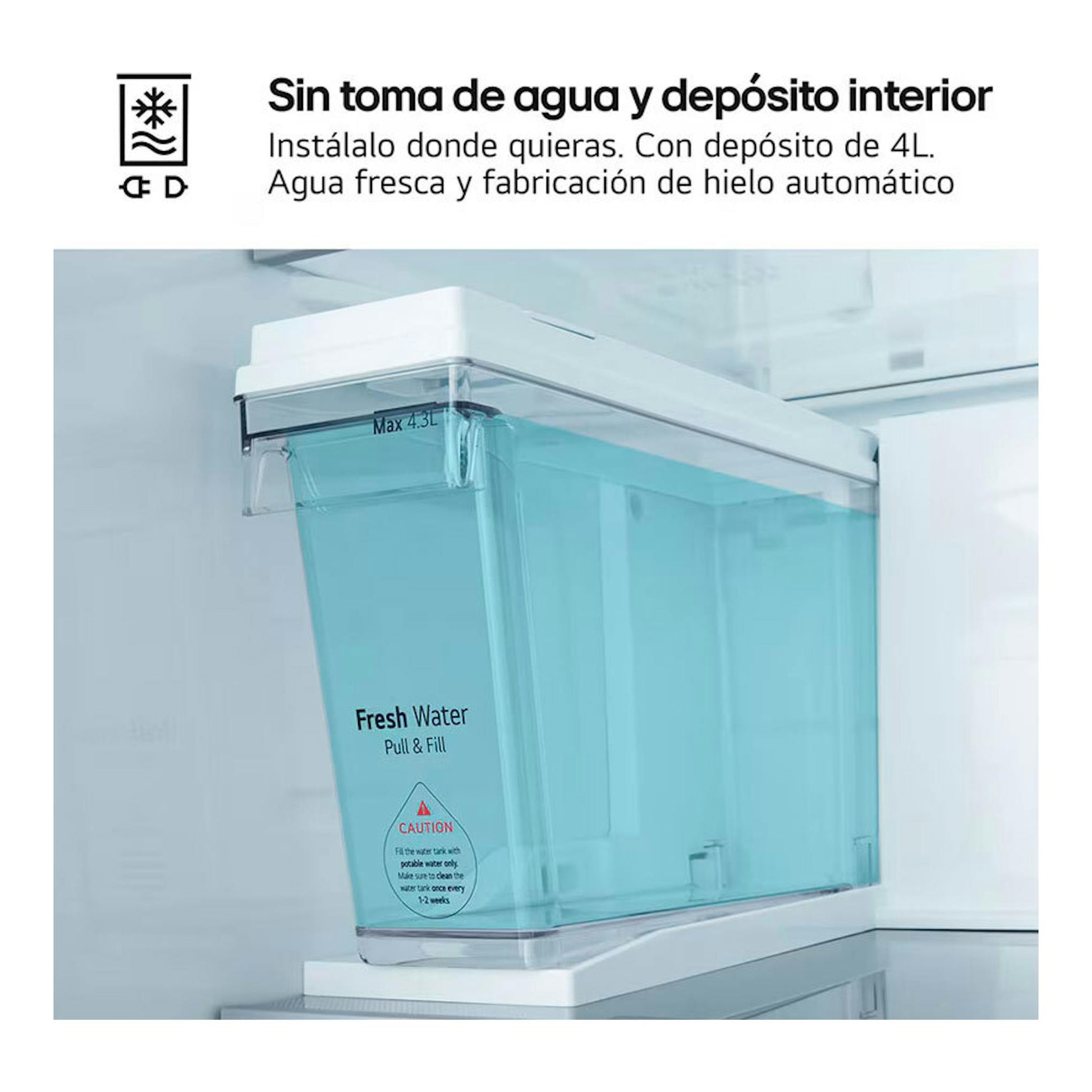 Frigorífico americano LG GSLE91MBAB inox, detalle del depósito interior de agua y hielo automático.