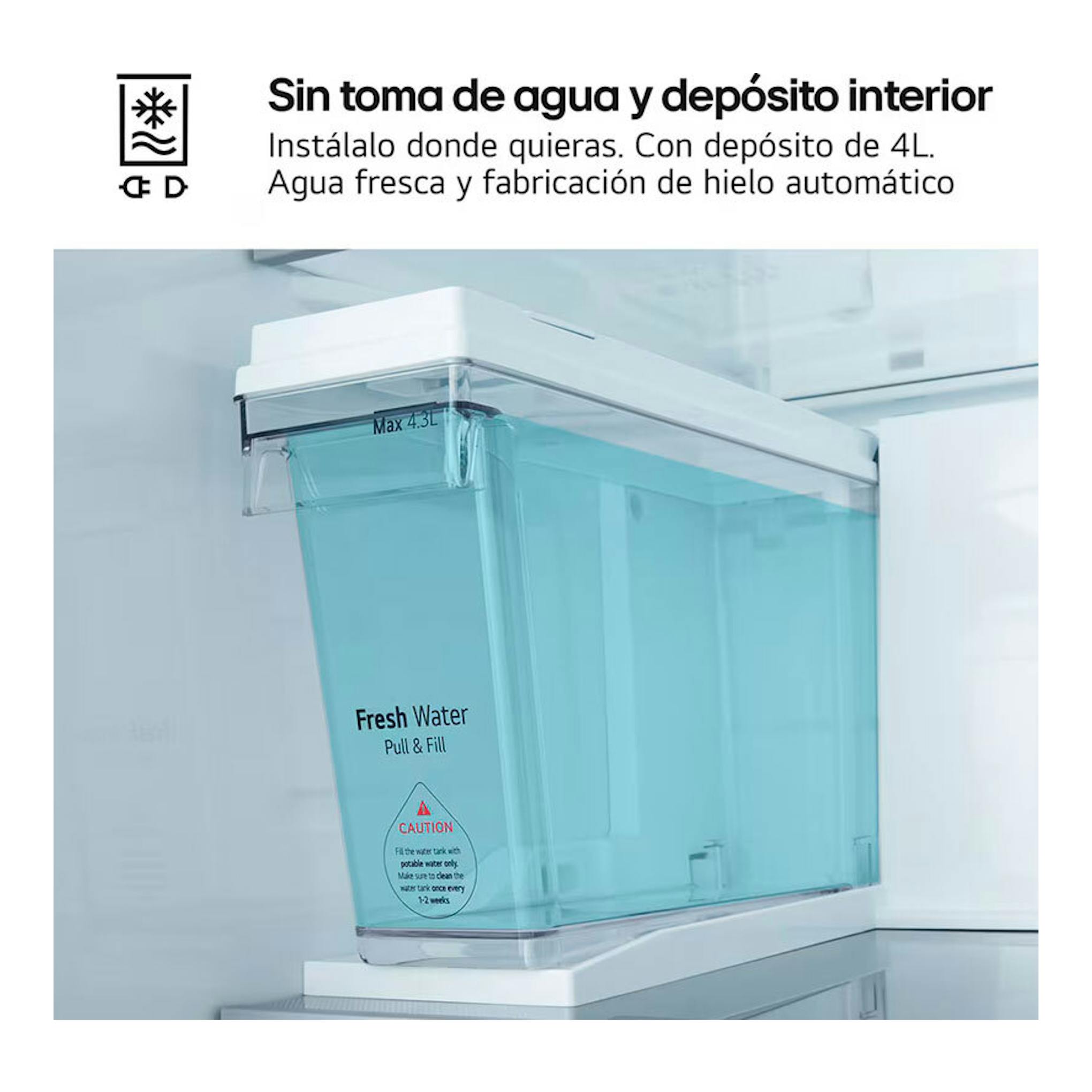 Frigorífico americano LG GSLE91MBAB inox, detalle del depósito interior de agua y hielo automático.