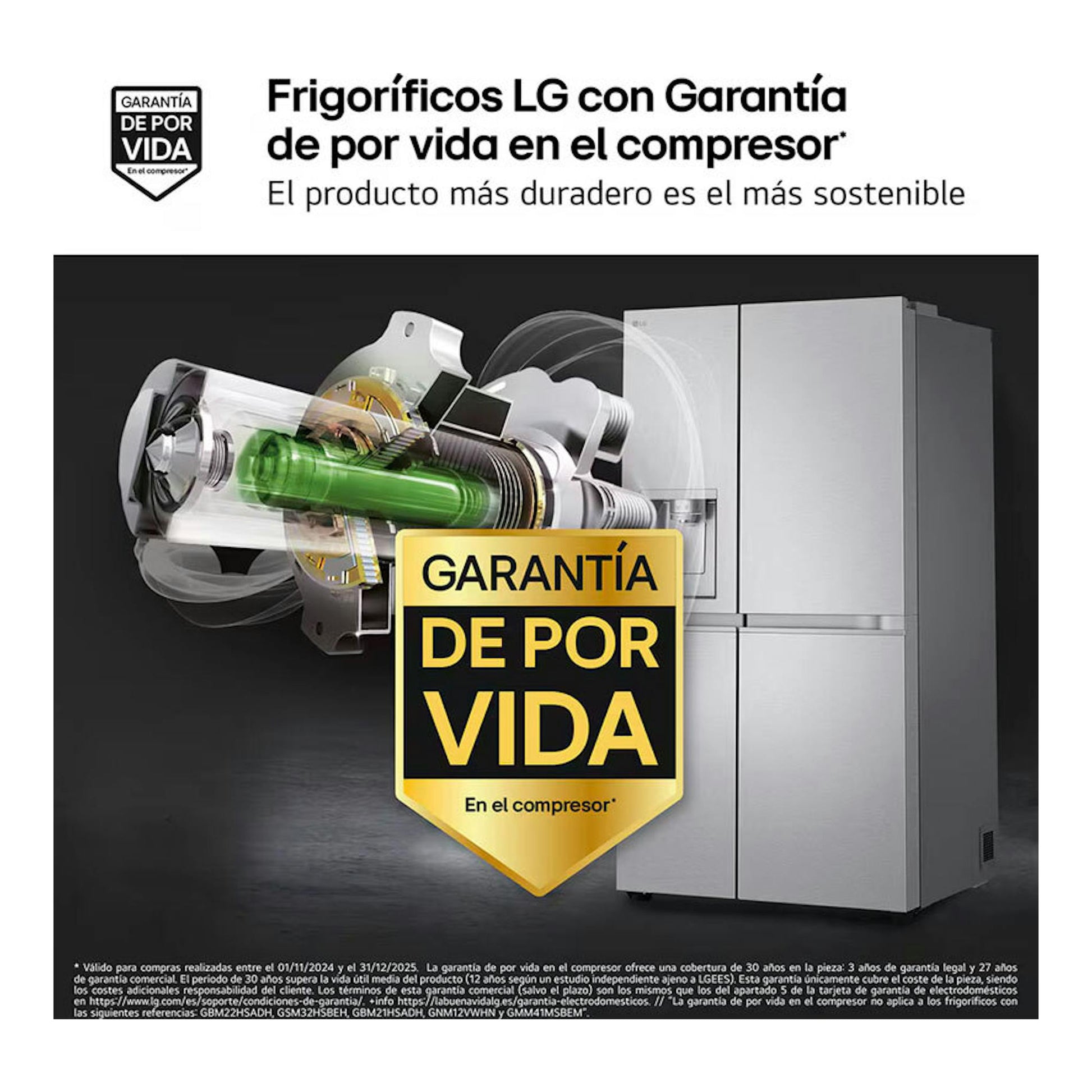 Frigorífico americano LG GSLE91MBAB inox, vista frontal, con gráfico de compresor y sello de garantía de por vida.