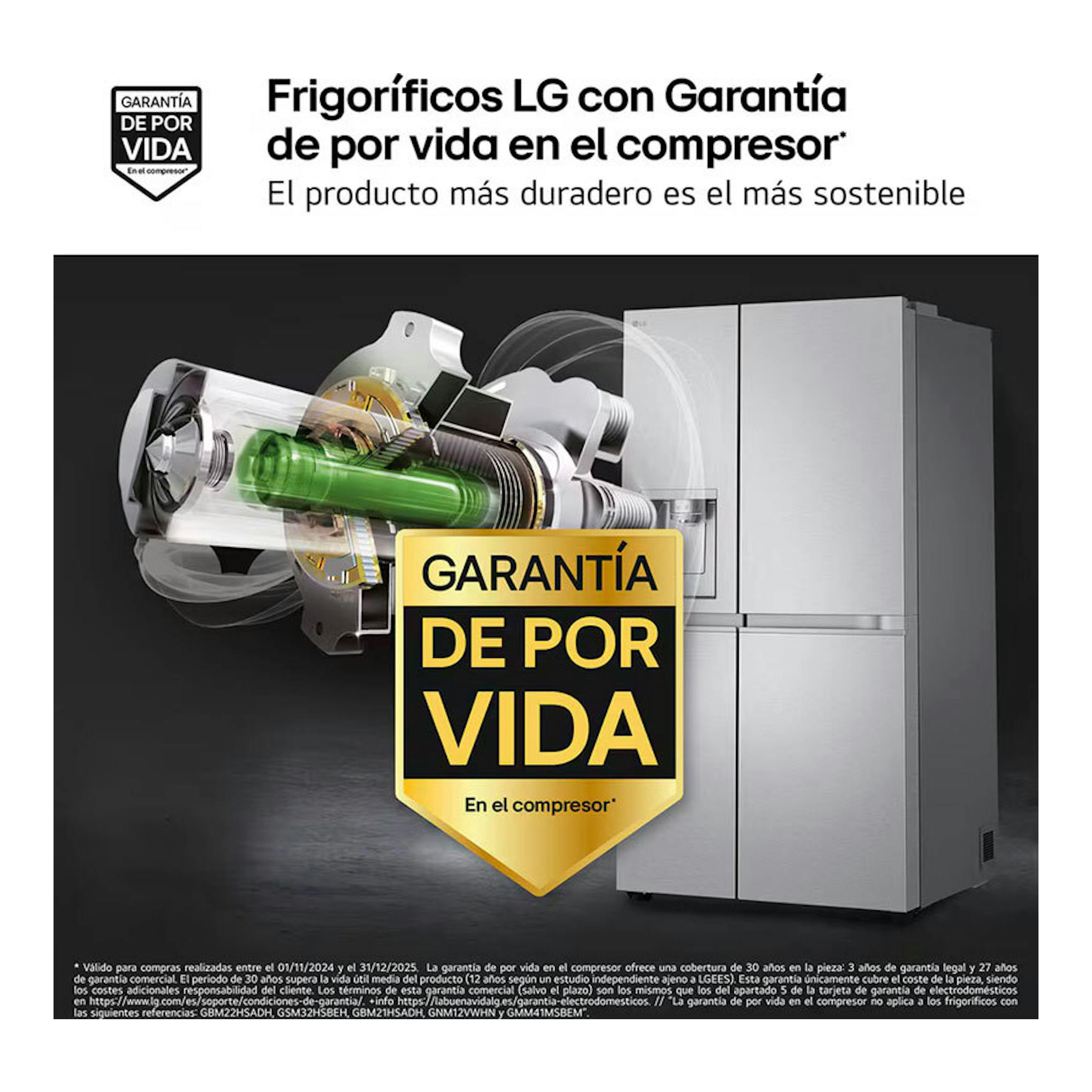 Frigorífico americano LG GSLE91MBAB inox, vista frontal, con gráfico de compresor y sello de garantía de por vida.