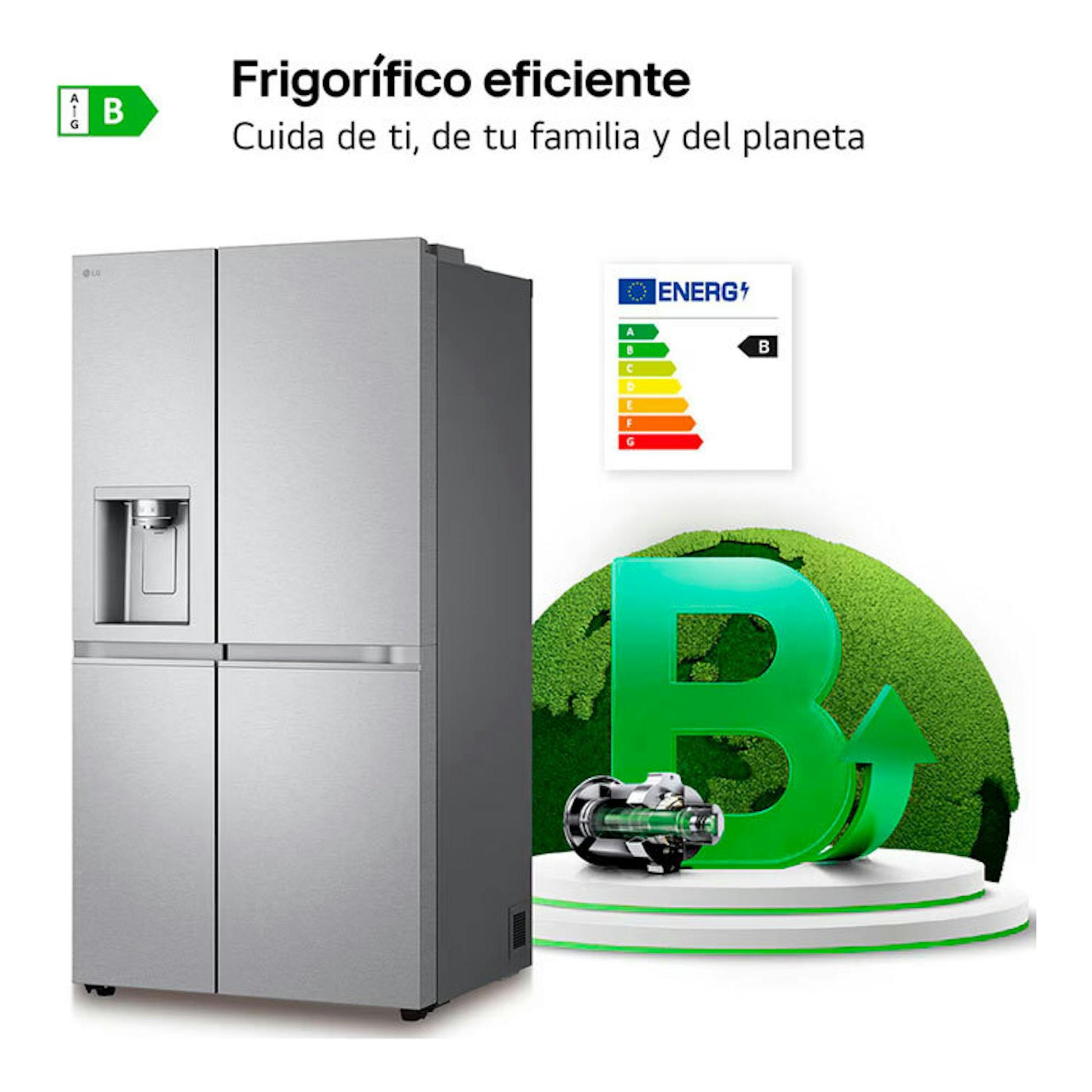 Frigorífico americano LG GSLE91MBAB inox, vista frontal, con dispensador y etiqueta energética B.