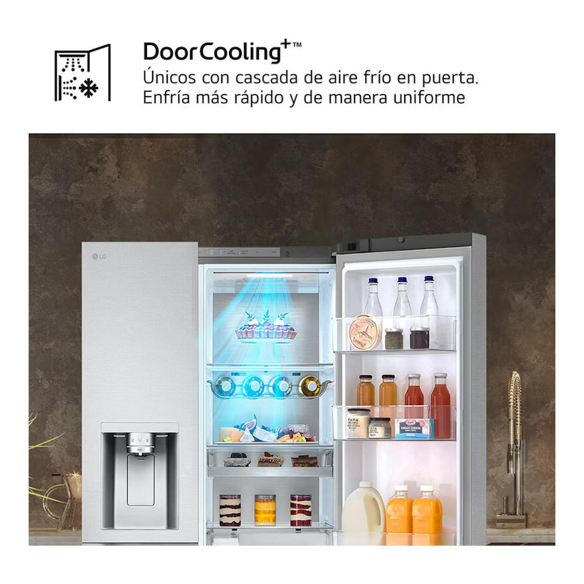 Frigorífico americano LG GSLE91MBAB inox, vista frontal con puertas abiertas y dispensador de agua.