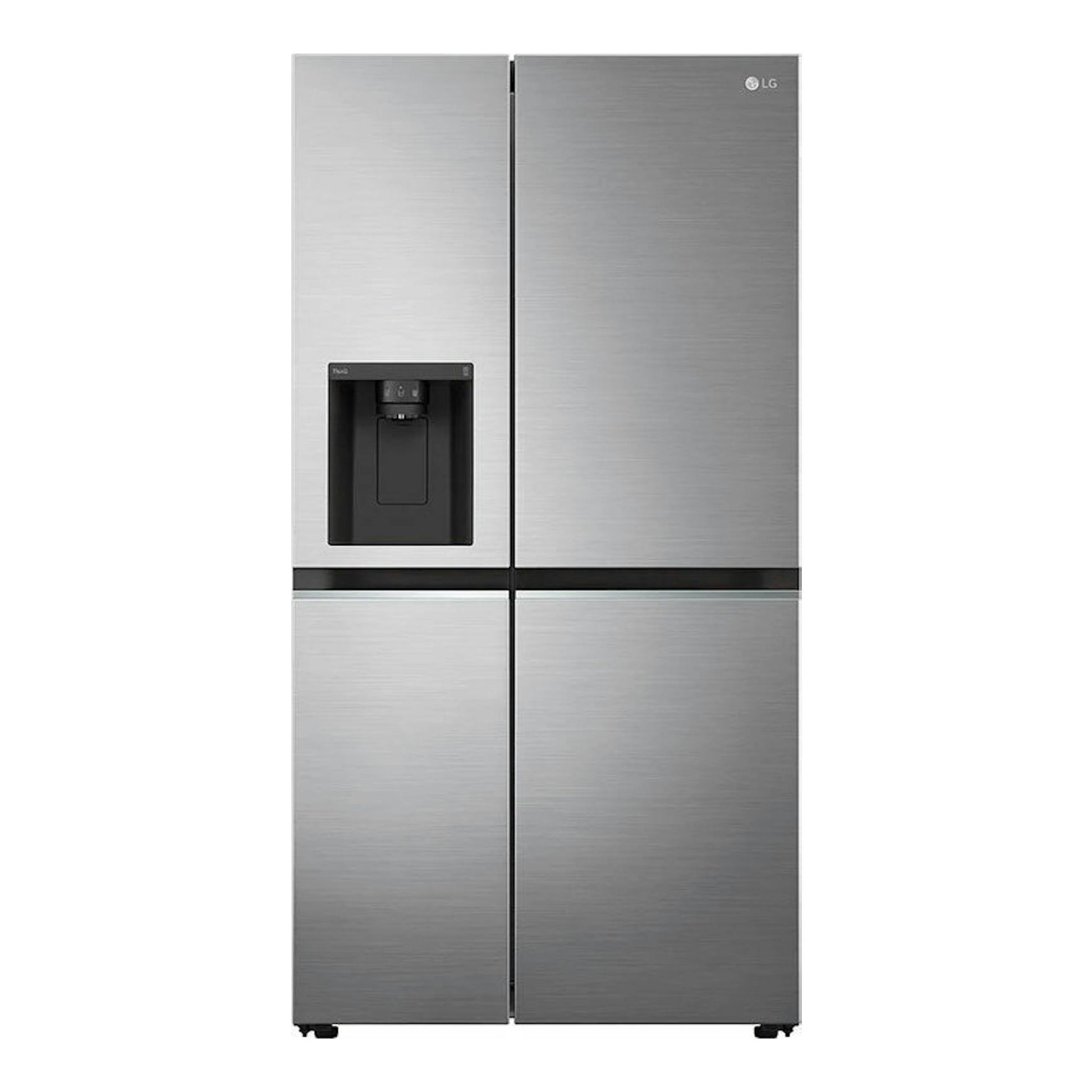 Frigorífico americano LG GSLV70PZTD inox, vista frontal, cuatro puertas y dispensador de agua en la puerta izquierda.