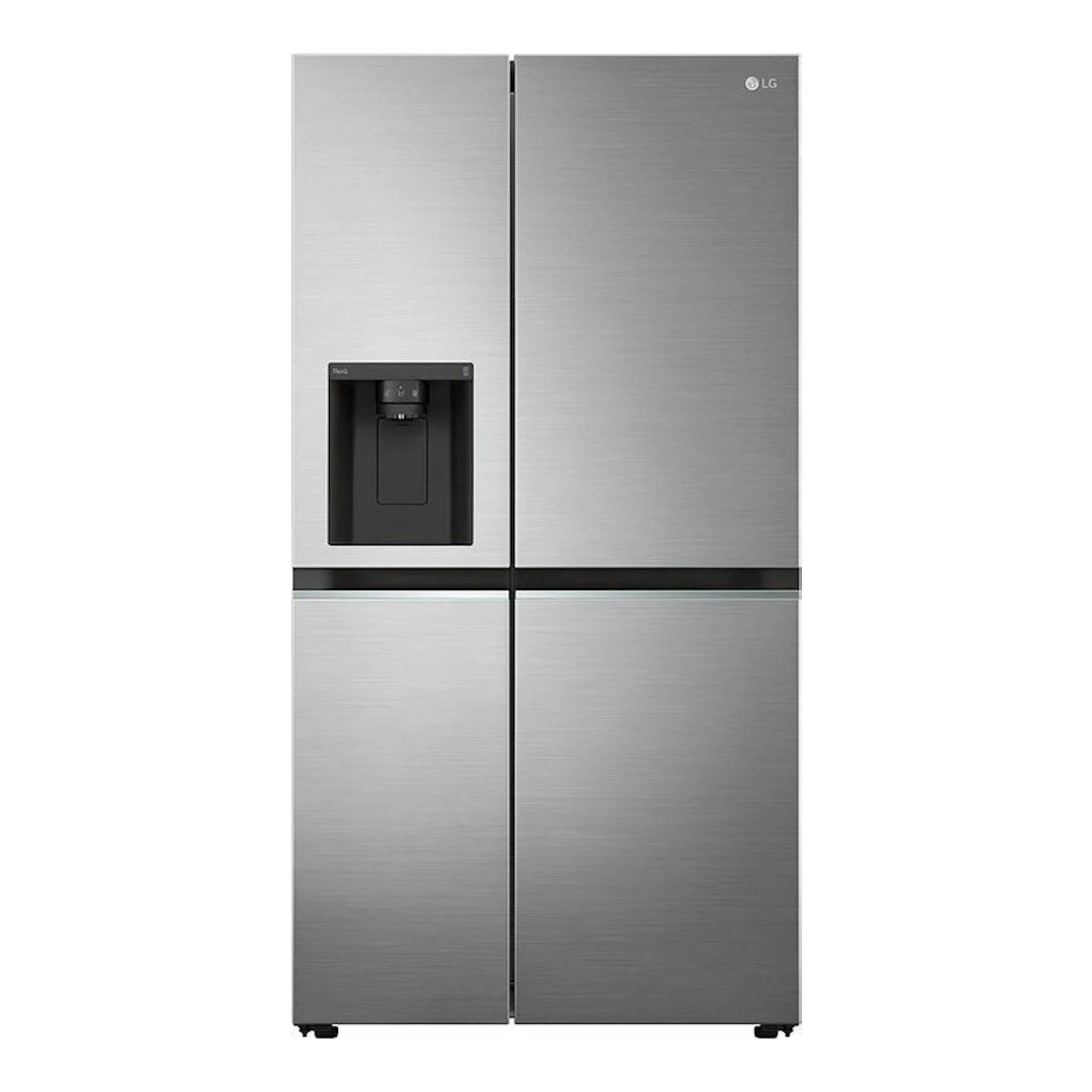 Frigorífico americano LG GSLV70PZTD inox, vista frontal, cuatro puertas y dispensador de agua en la puerta izquierda.