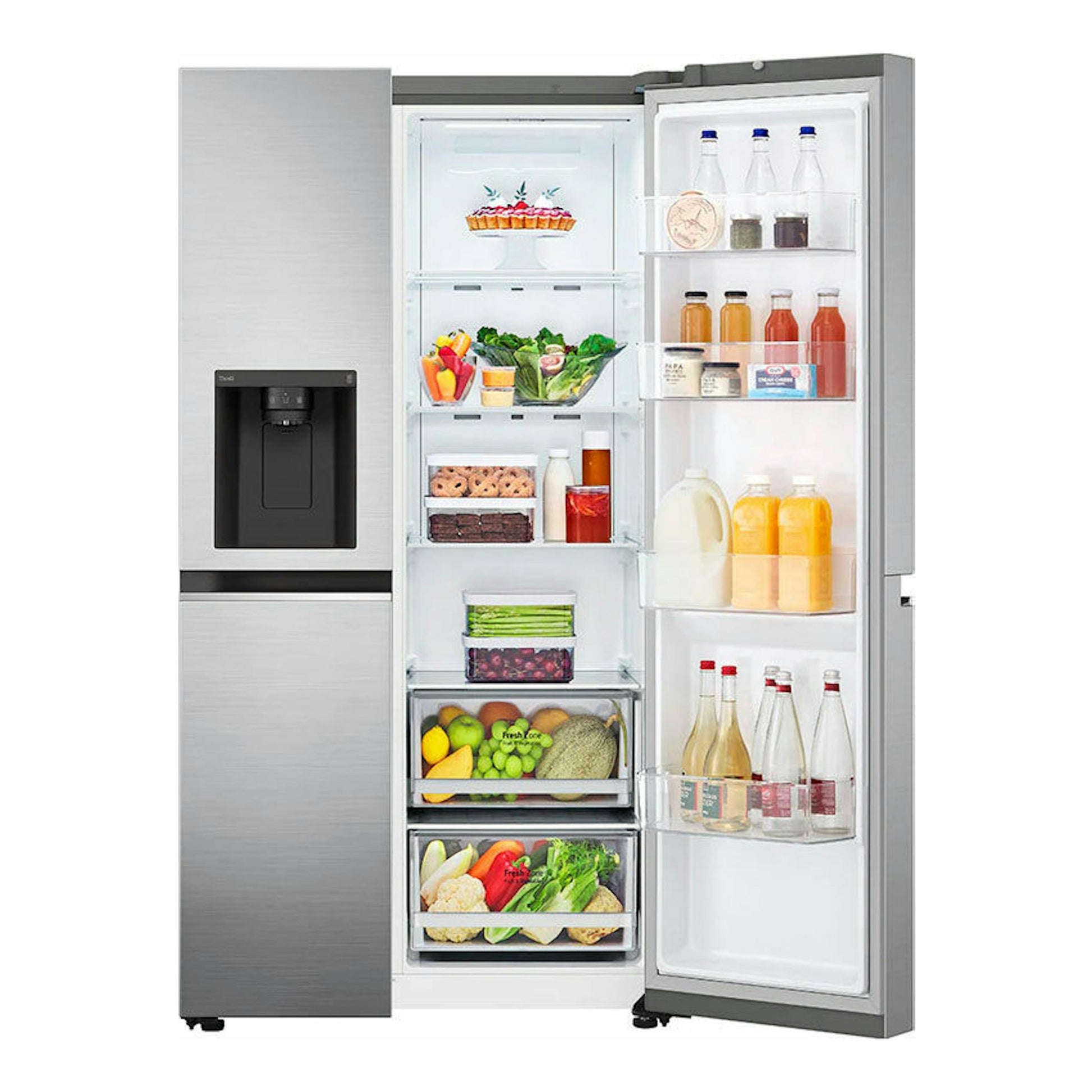 Frigorífico americano LG GSLV70PZTD inox, vista frontal con puerta abierta y dispensador de agua/hielo.