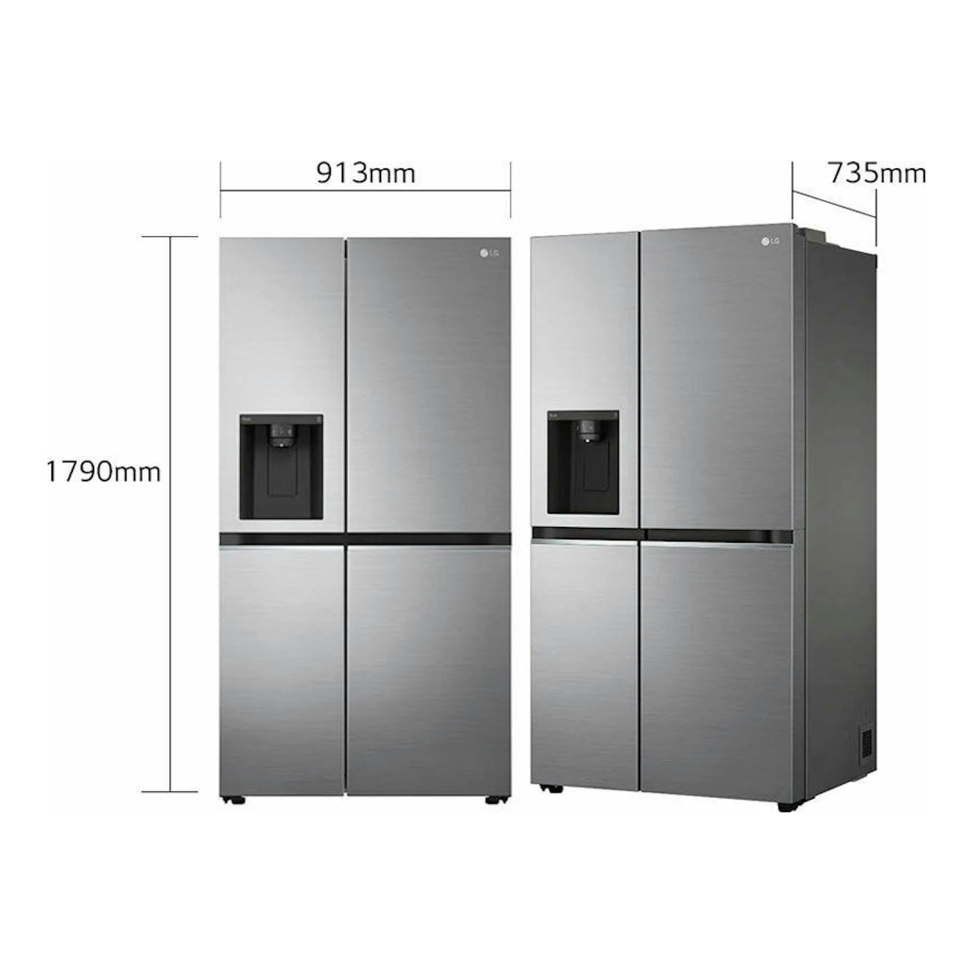Frigorífico americano LG GSLV70PZTD inox, vista frontal y lateral, 4 puertas, dispensador, 1790 x 913 x 735 mm.