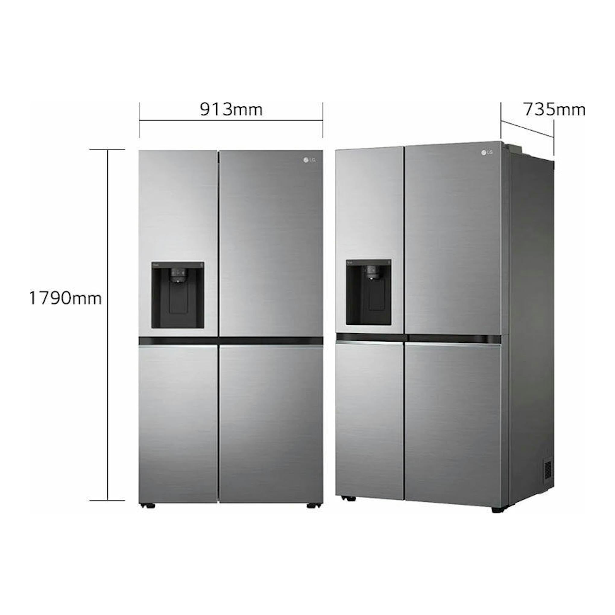Frigorífico americano LG GSLV70PZTD inox, vista frontal y lateral, 4 puertas, dispensador, 1790 x 913 x 735 mm.
