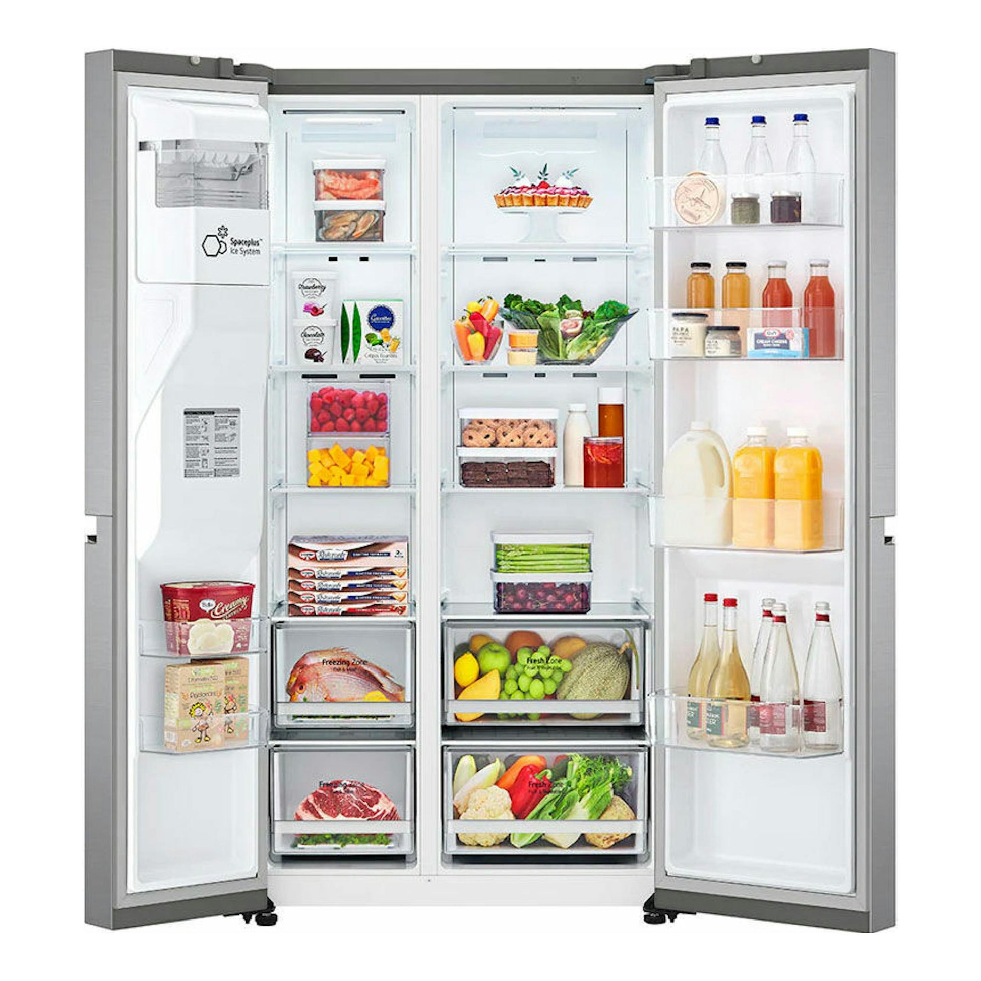 Frigorífico americano LG GSLV70PZTD inox, abierto de frente, con interior iluminado y estantes llenos de alimentos.