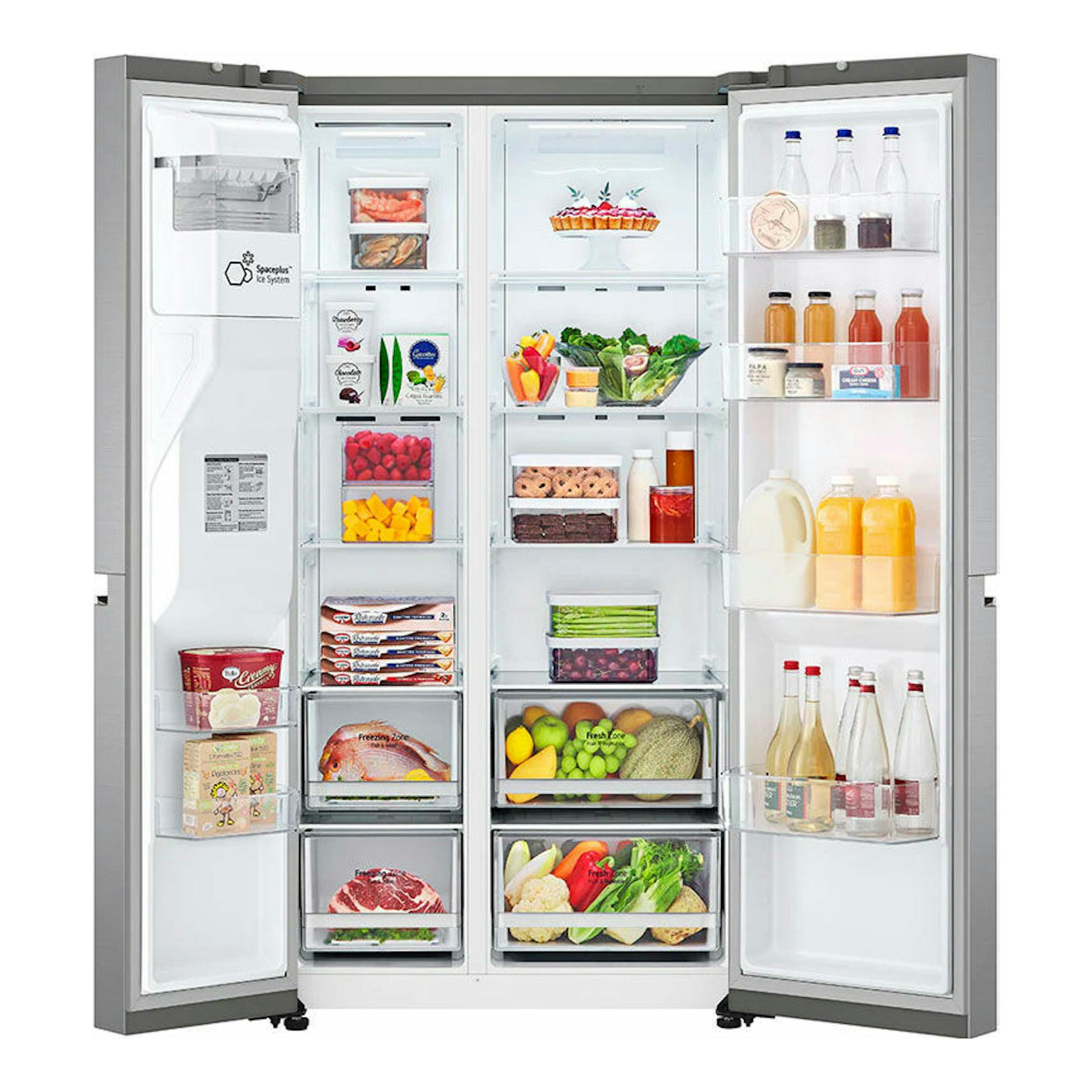 Frigorífico americano LG GSLV70PZTD inox, abierto de frente, con interior iluminado y estantes llenos de alimentos.