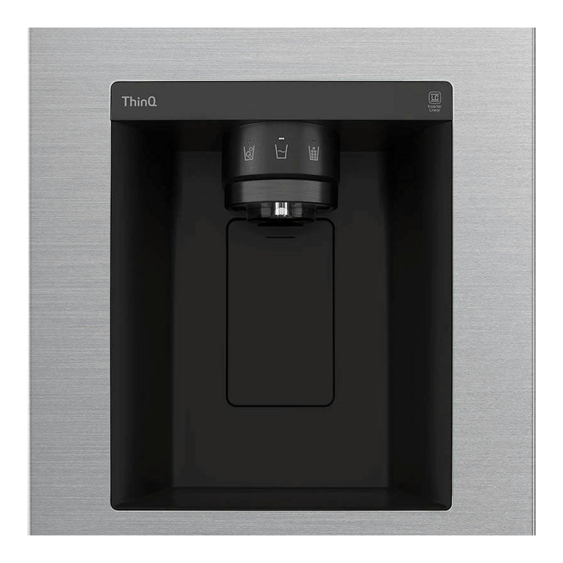 Primer plano del dispensador de agua y hielo del frigorífico americano LG GSLV70PZTD en inox.