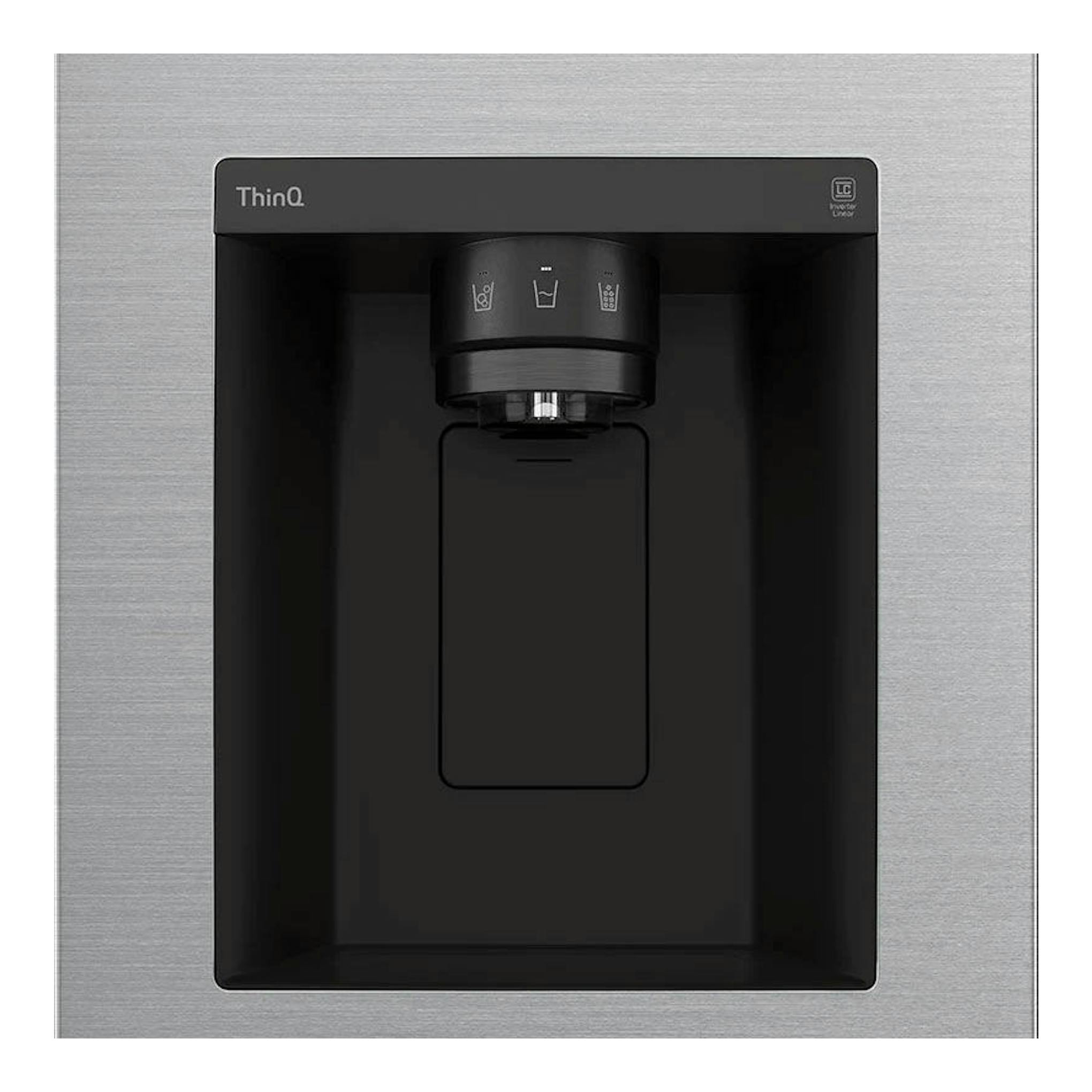 Primer plano del dispensador de agua y hielo del frigorífico americano LG GSLV70PZTD en inox.