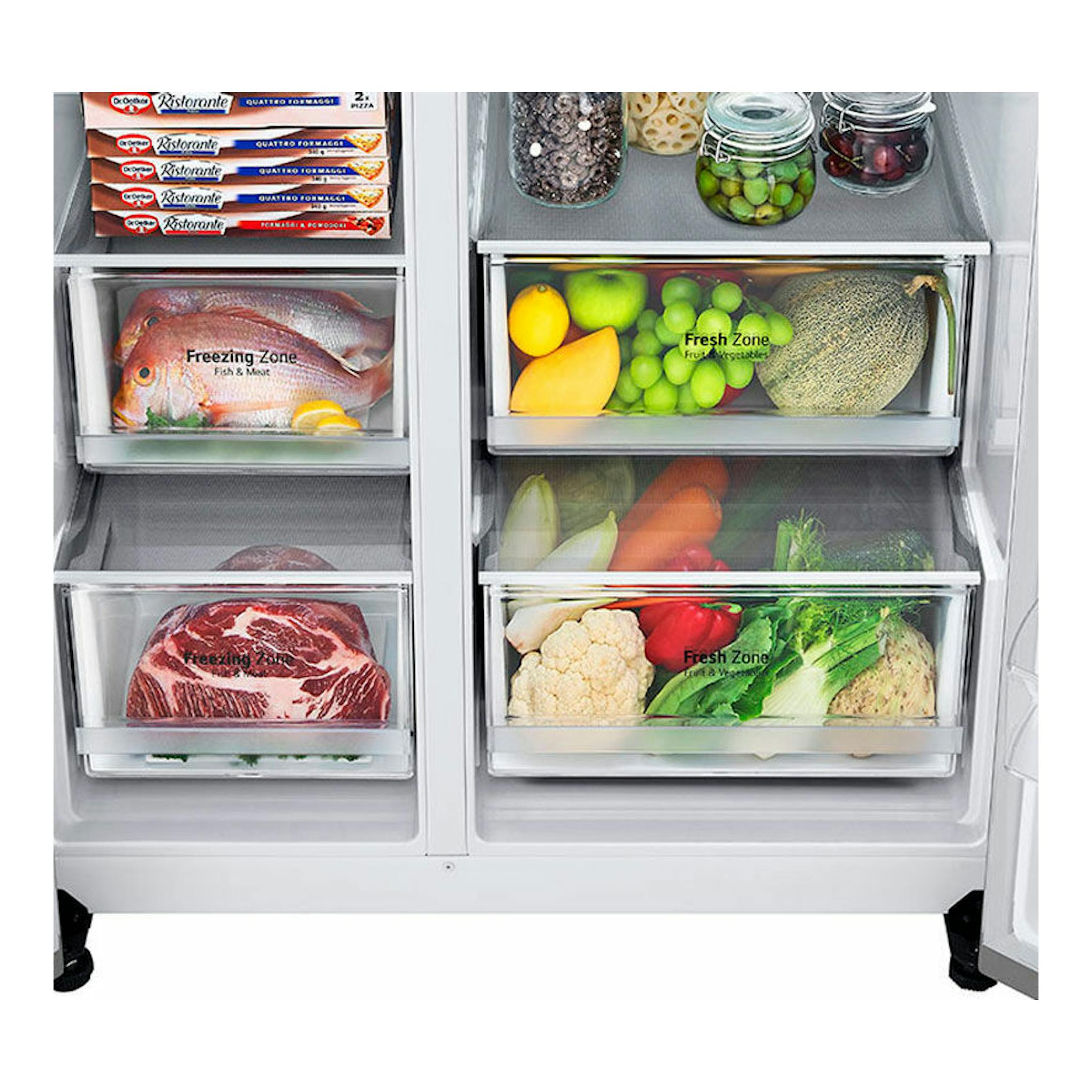 Frigorífico americano LG GSLV70PZTD Inox, vista frontal del interior con cajones transparentes y alimentos.