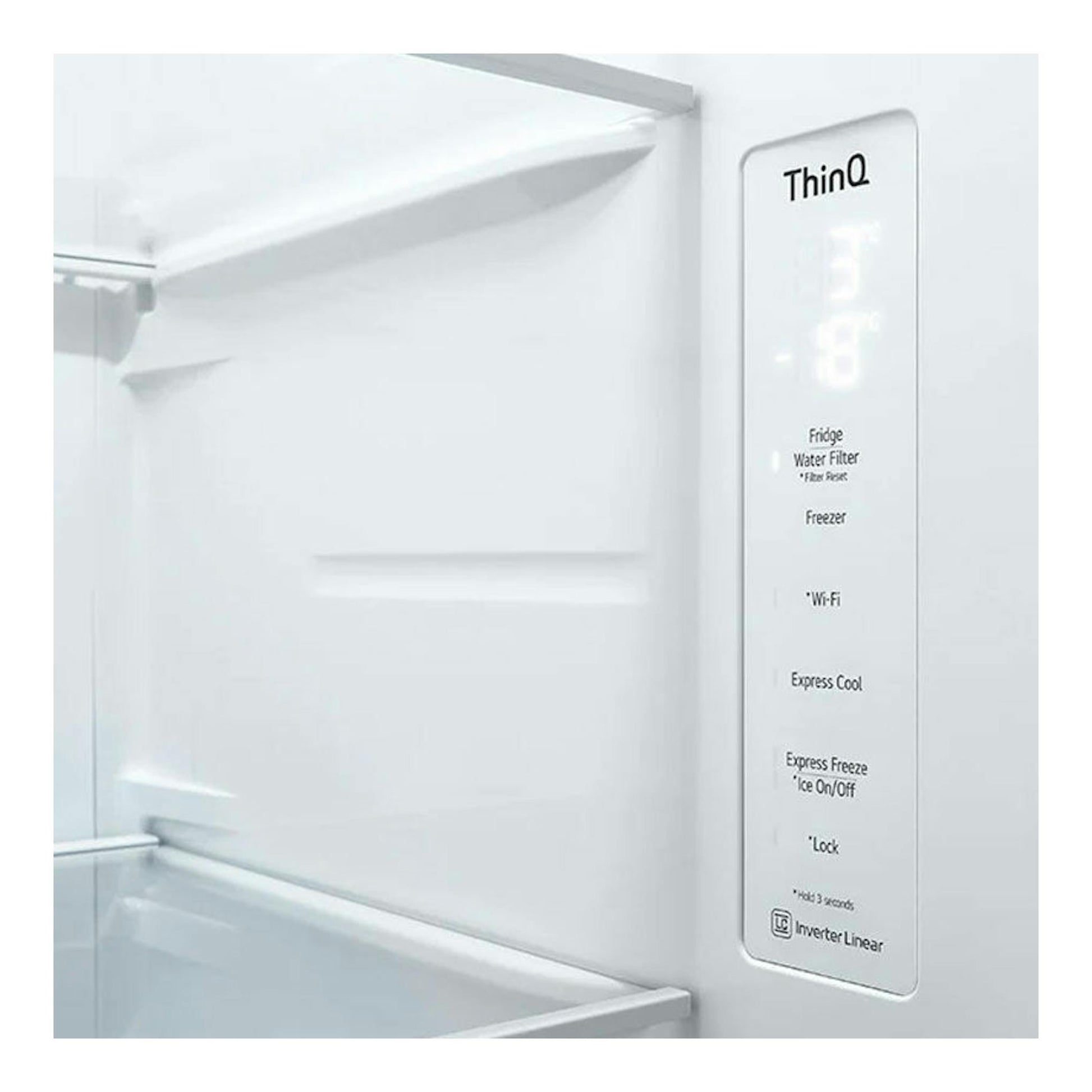 Interior de frigorífico americano LG Inox, vista frontal parcial con panel táctil ThinQ iluminado a la derecha.