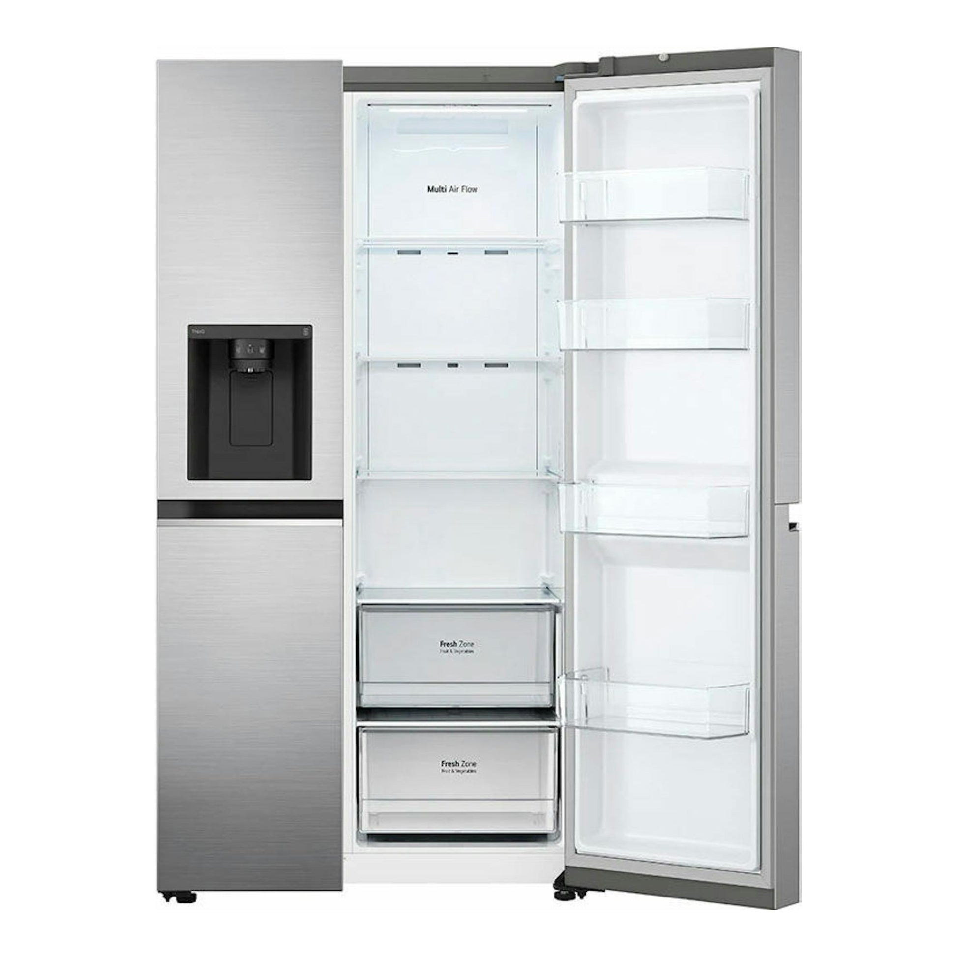 Frigorífico americano LG GSLV70PZTD inox, vista frontal con puerta abierta y dispensador de agua.
