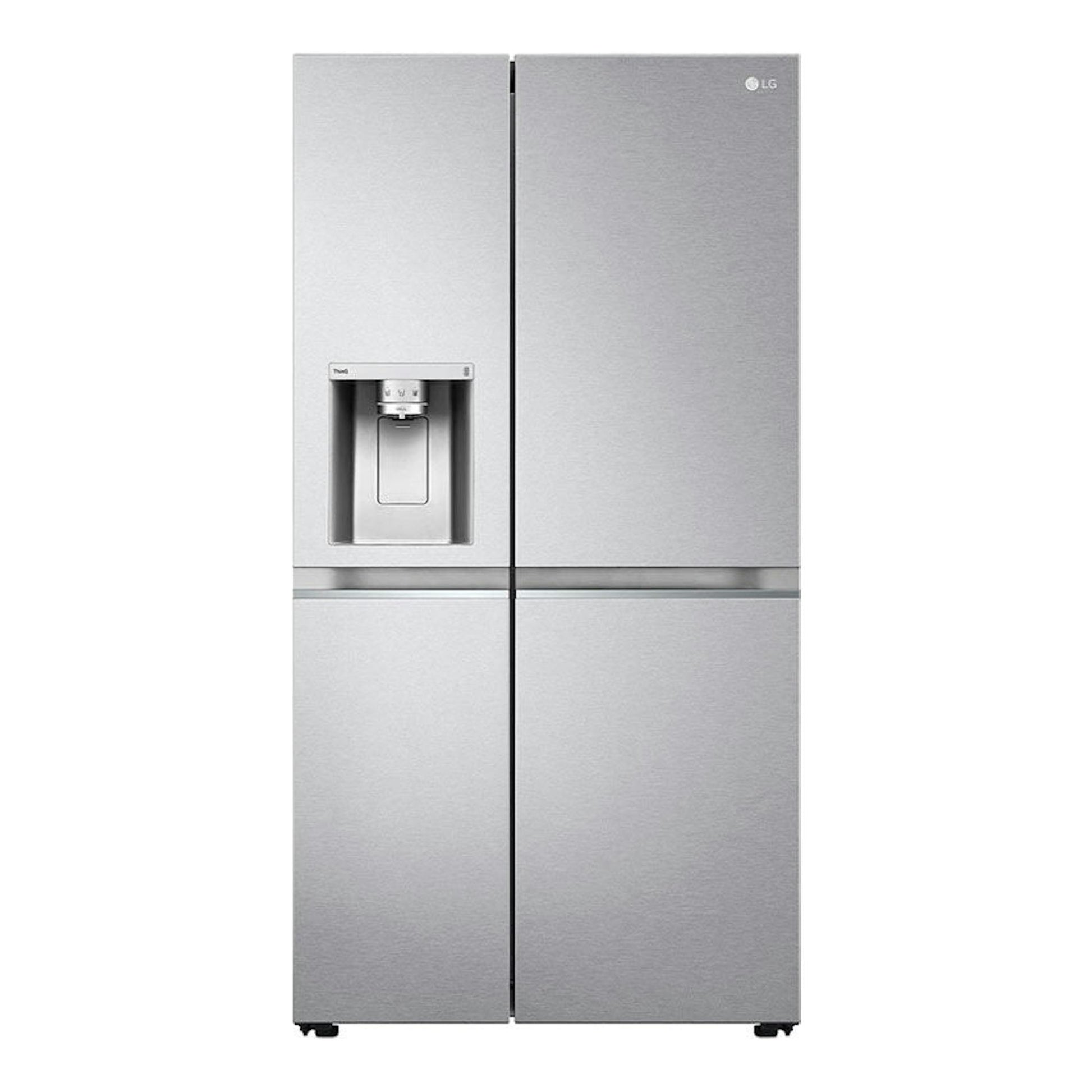 Frigorífico americano LG GSLV91MBAD inox, vista frontal, cuatro puertas y dispensador de agua en la puerta izquierda.