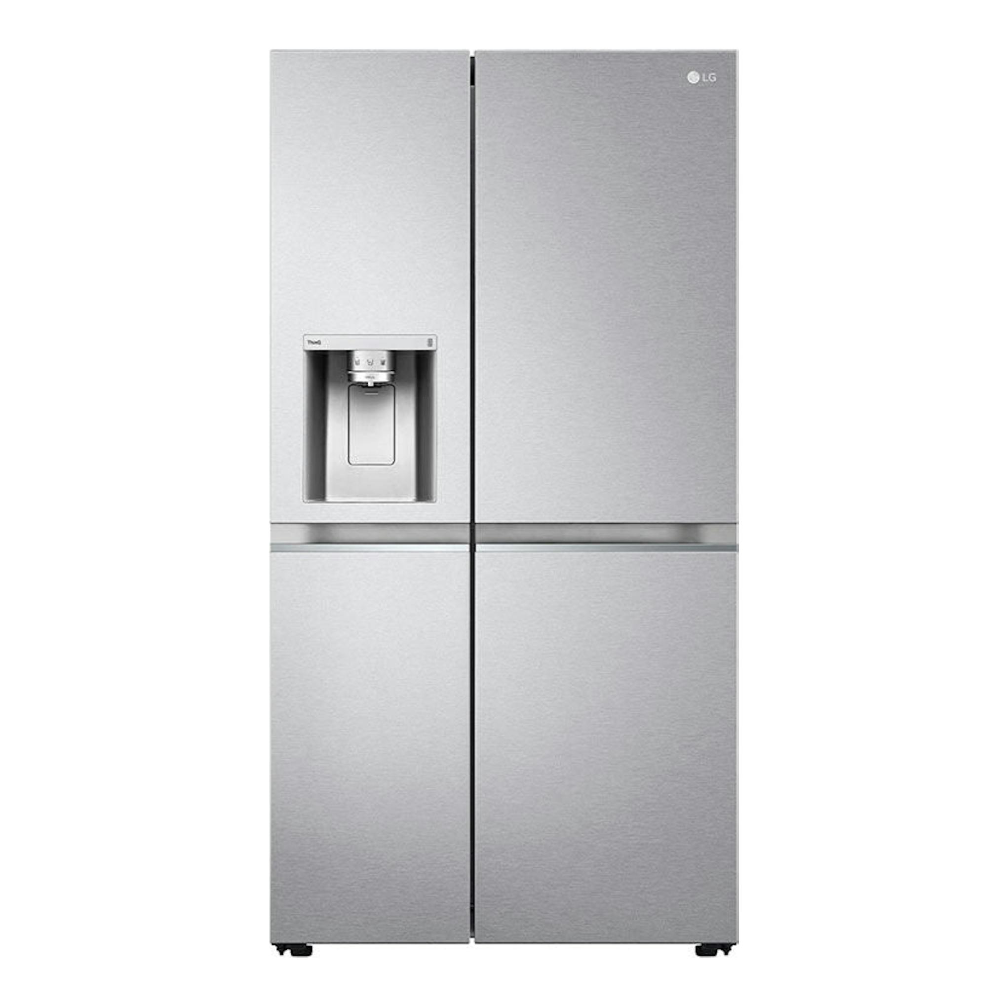 Frigorífico americano LG GSLV91MBAD inox, vista frontal, cuatro puertas y dispensador de agua en la puerta izquierda.