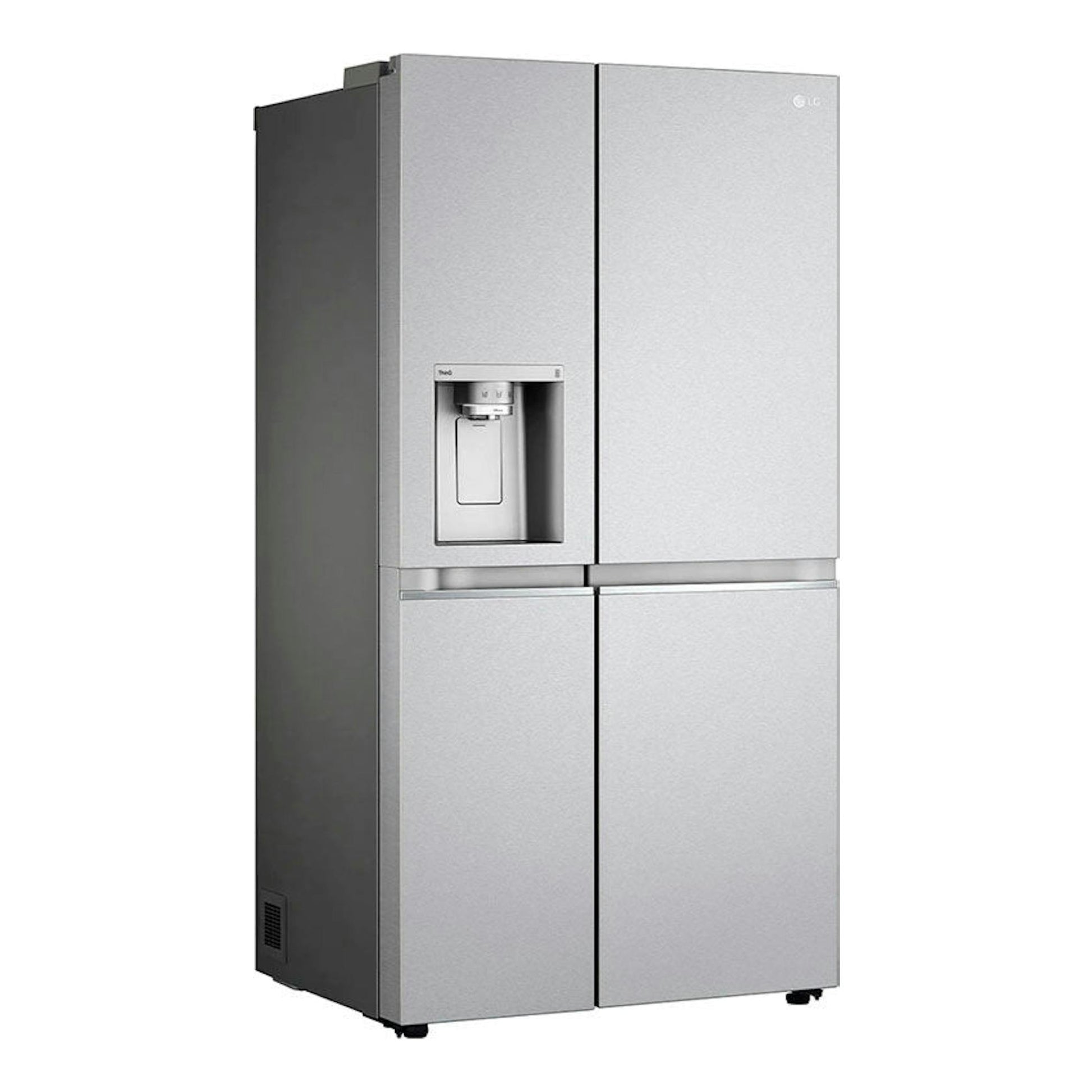 Frigorífico americano LG GSLV91MBAD inox, vista frontal, cuatro puertas y dispensador de agua.