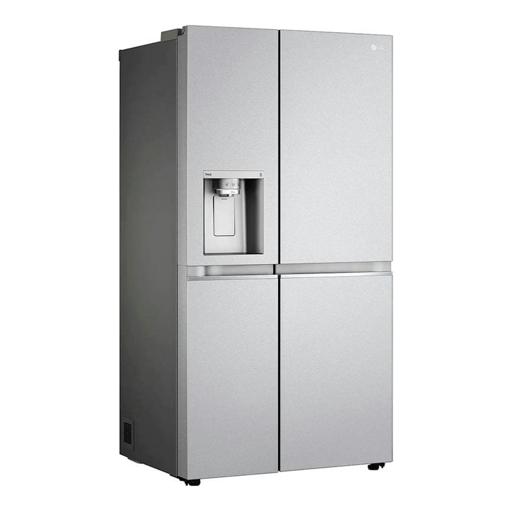 Frigorífico americano LG GSLV91MBAD inox, vista frontal, cuatro puertas y dispensador de agua.