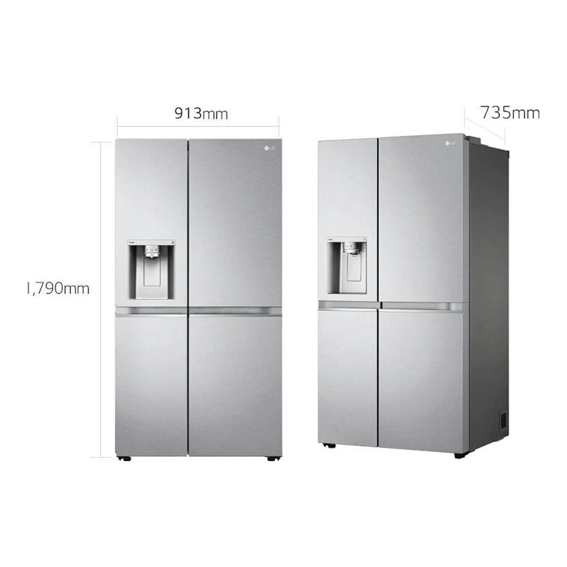 Frigorífico americano LG GSLV91MBAD inox, vista frontal y lateral, con dispensador y medidas.