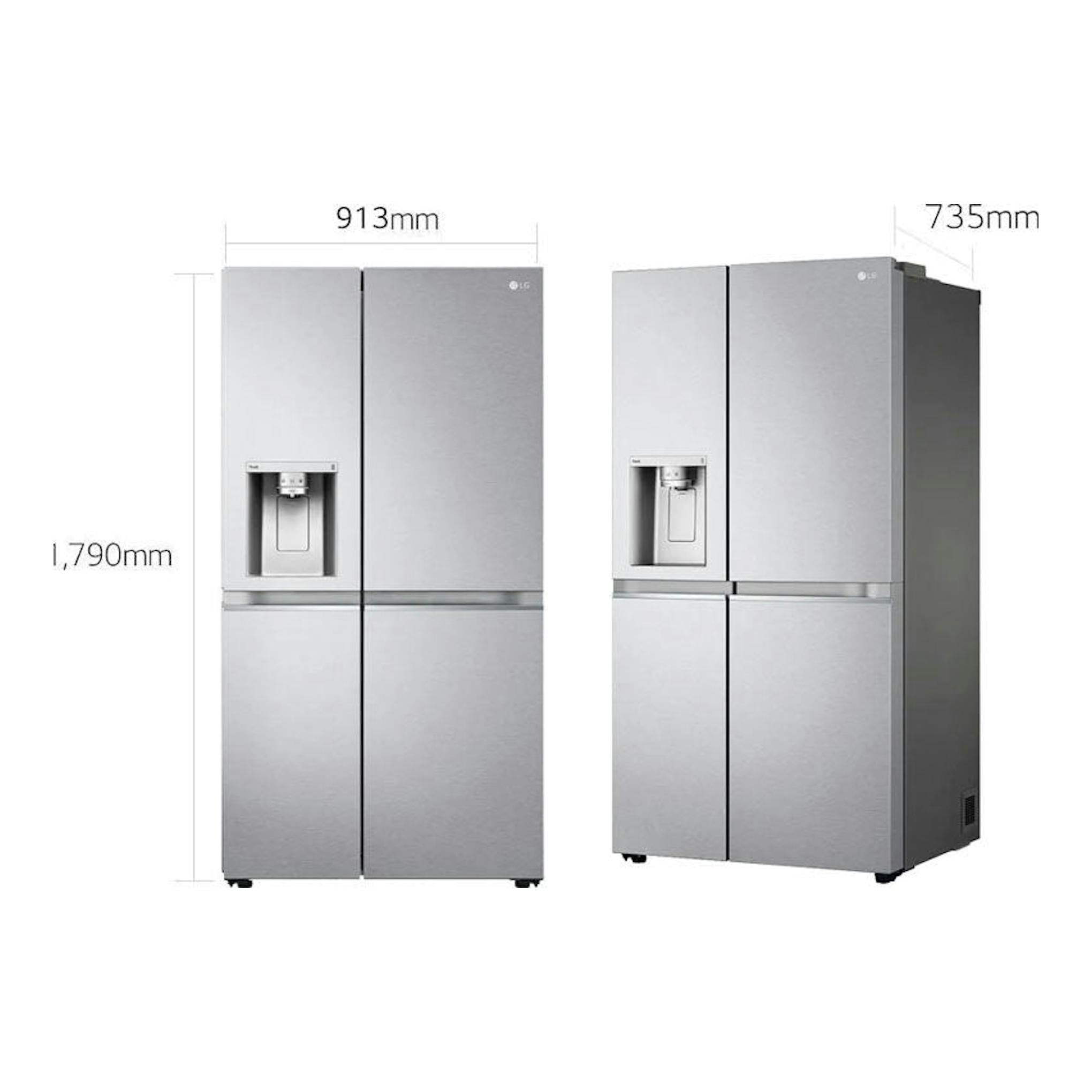 Frigorífico americano LG GSLV91MBAD inox, vista frontal y lateral, con dispensador y medidas.