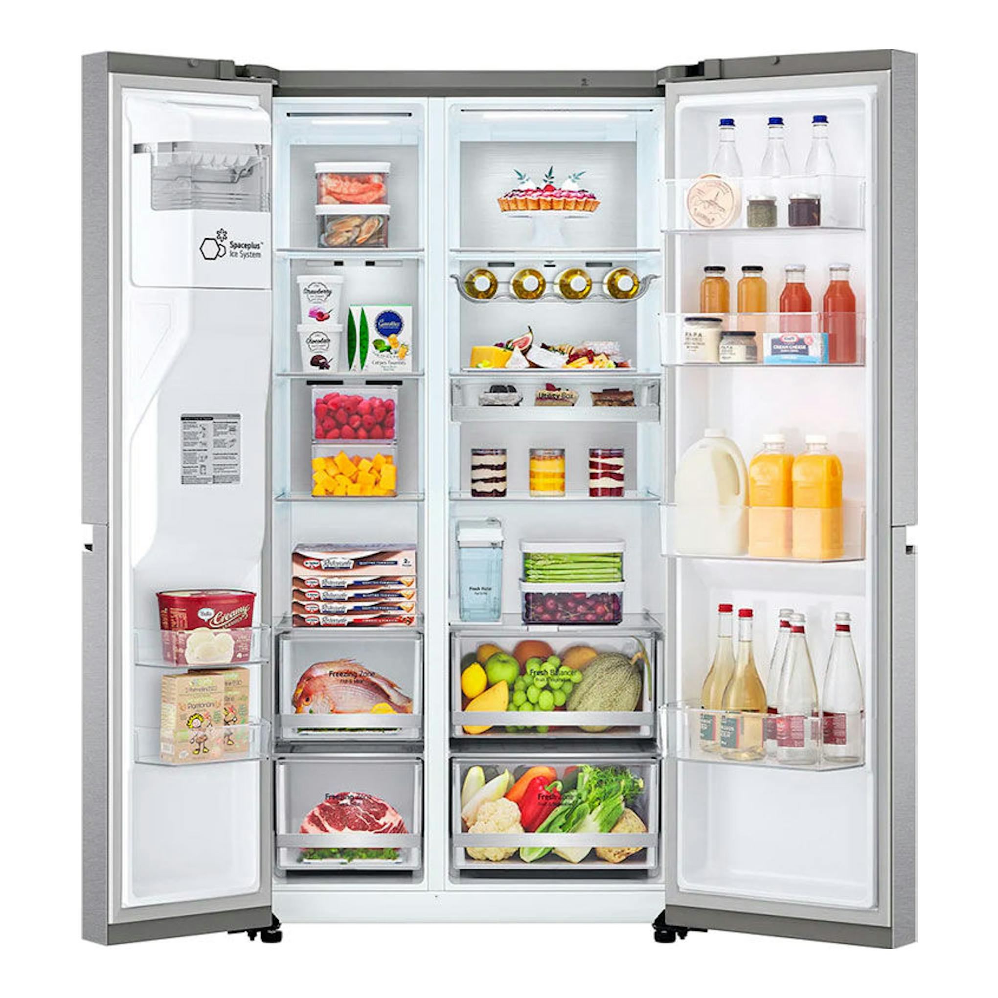 Frigorífico americano LG GSLV91MBAD inox, vista frontal abierto con compartimentos y alimentos.
